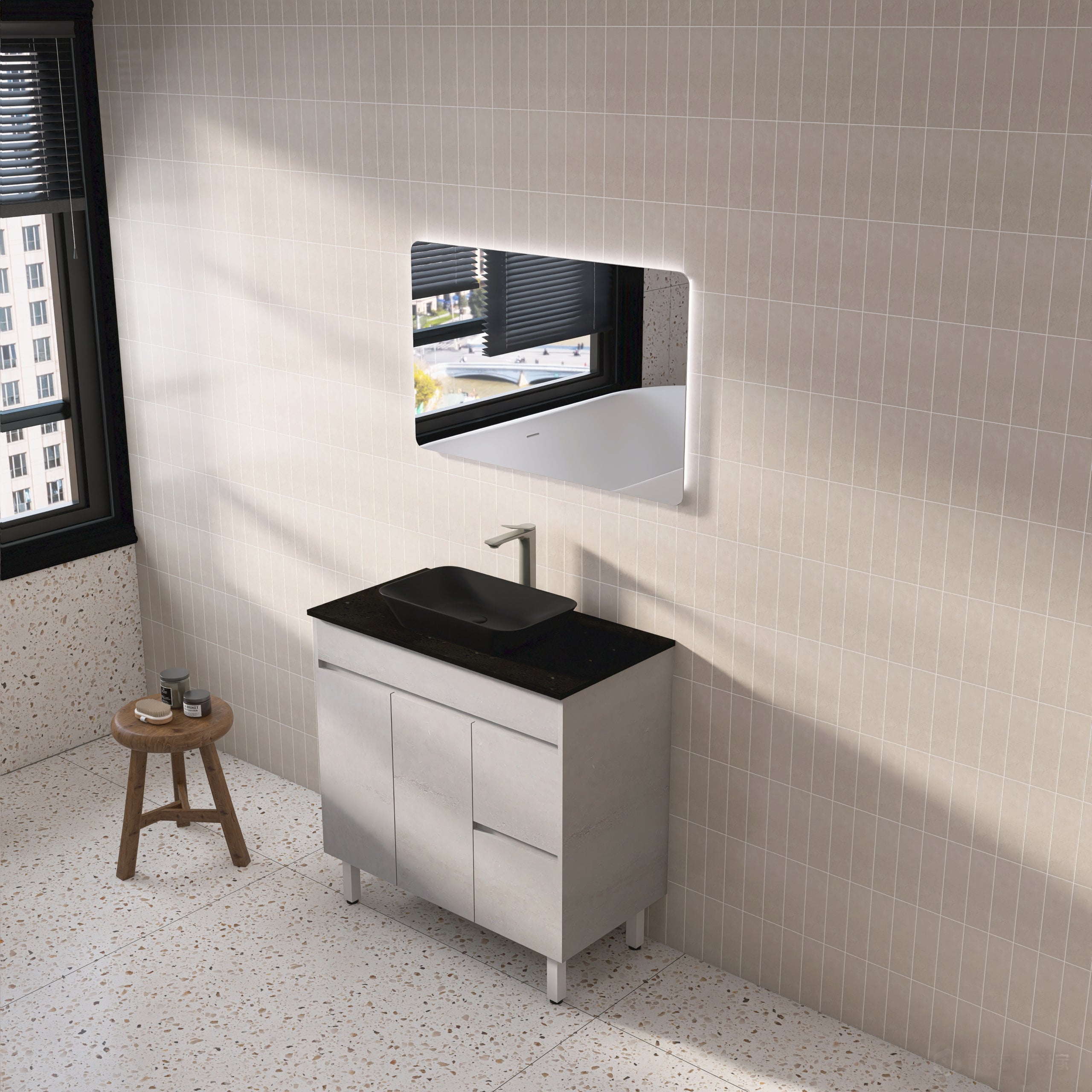 POSEIDON NOVA PLYWOOD CONCRETE GREY 900MM FLOOR STANDING VANITY (AVAILABLE IN LEFT HAND DRAWER AND RIGHT HAND DRAWER)