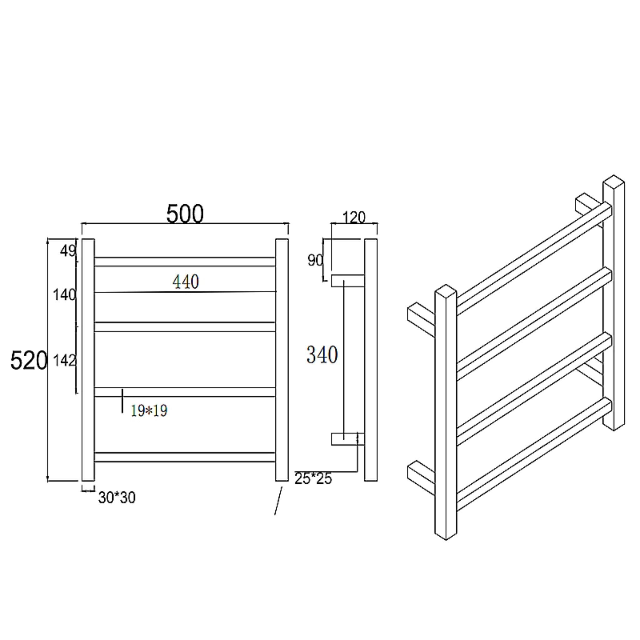 AQUAPERLA 4-BAR HEATED TOWEL RAIL BLACK 520MM