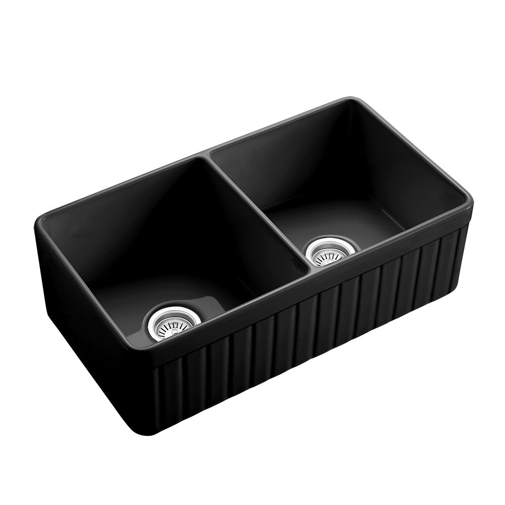 CETO GREENWICH DOUBLE BOWL FIRECLAY KITCHEN SINK MATTE BLACK 838MM