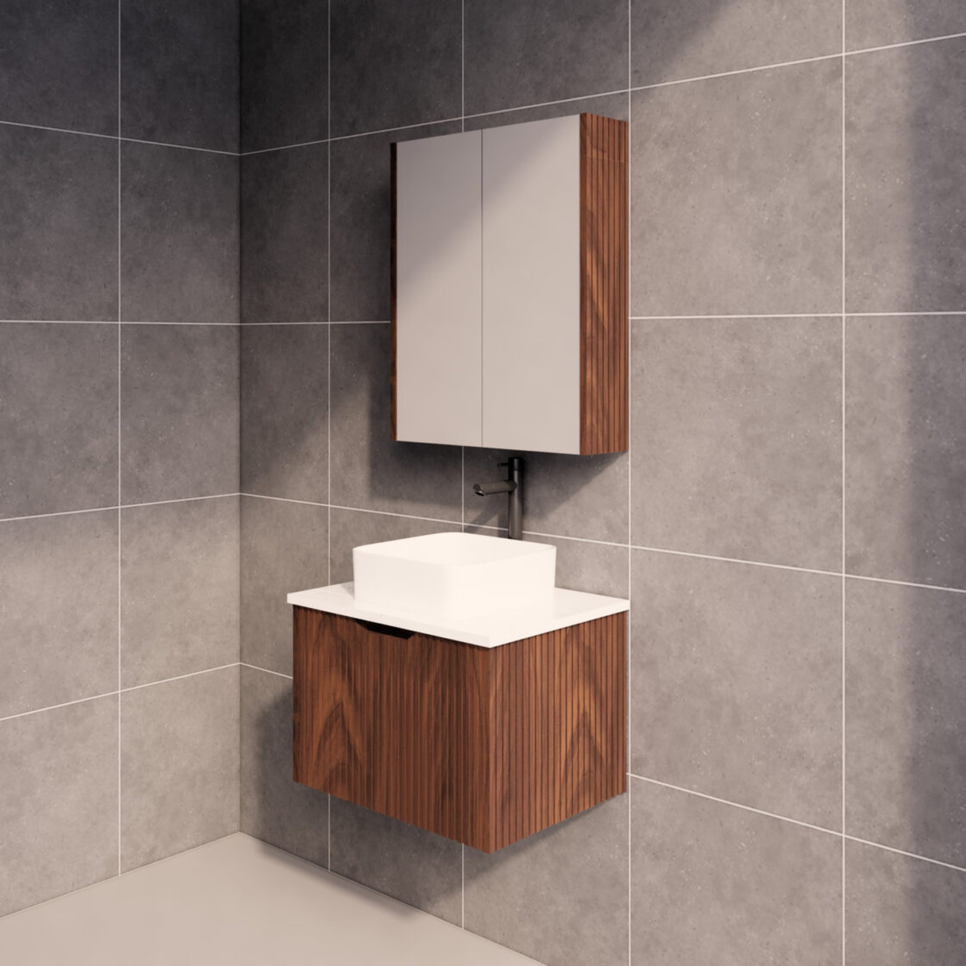 RIVA VIENNA BROWN OAK 600MM SINGLE BOWL WALL HUNG VANITY