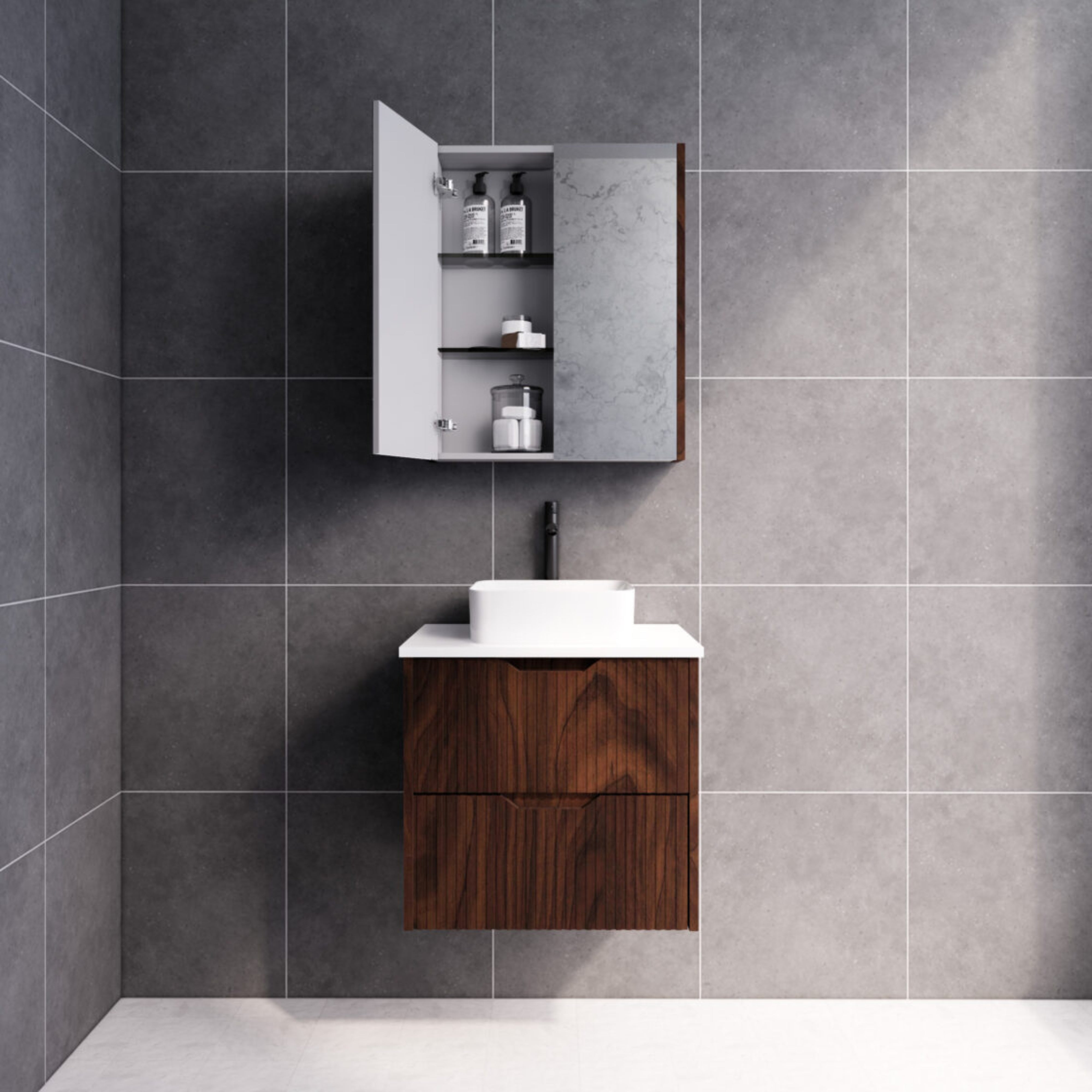 RIVA BALI BROWN OAK 600MM SINGLE BOWL WALL HUNG VANITY