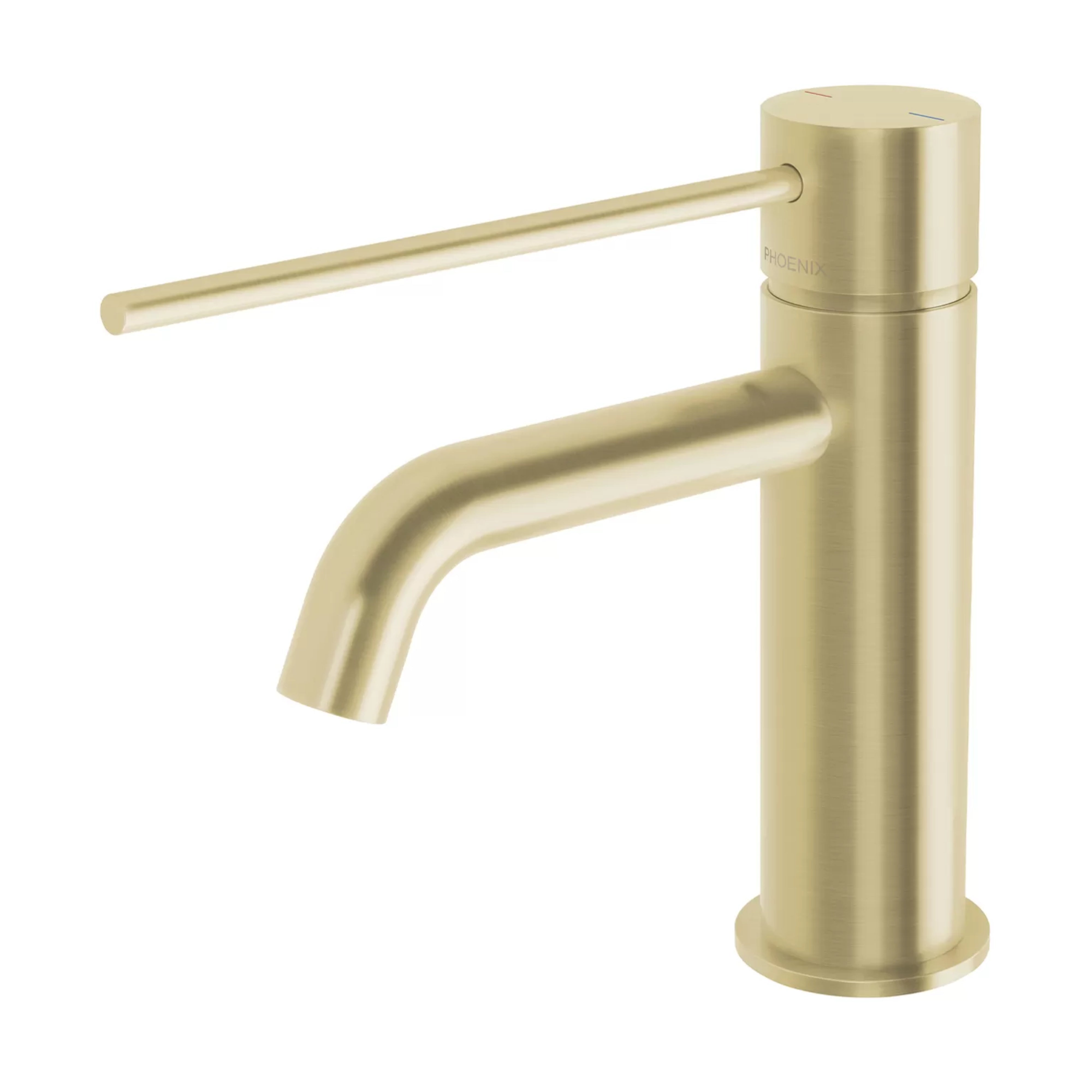 PHOENIX VIVID SLIMLINE BASIN MIXER CURVED OUTLET WITH EXTENDED LEVER 165MM BRUSHED GOLD