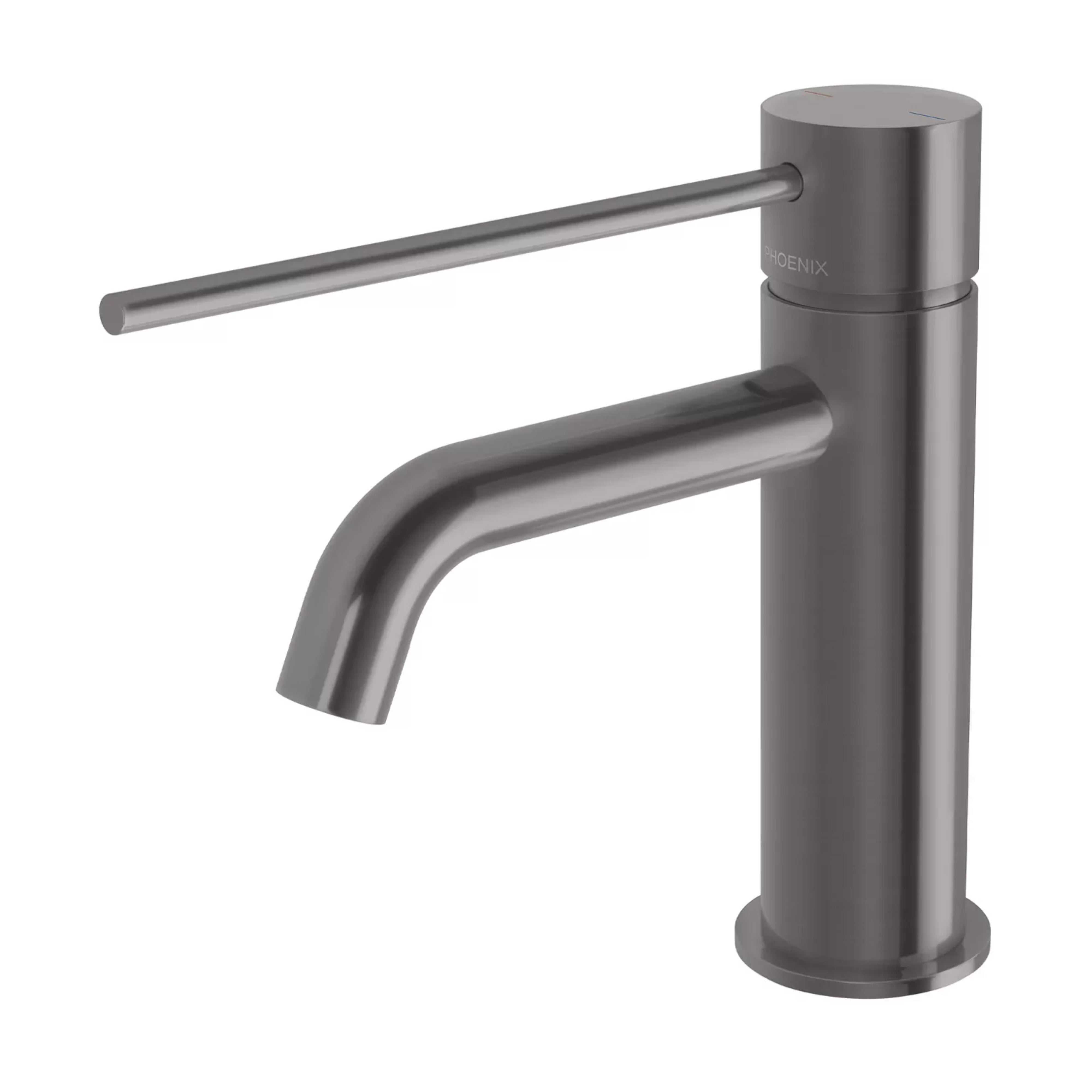 PHOENIX VIVID SLIMLINE BASIN MIXER CURVED OUTLET WITH EXTENDED LEVER 165MM BRUSHED CARBON