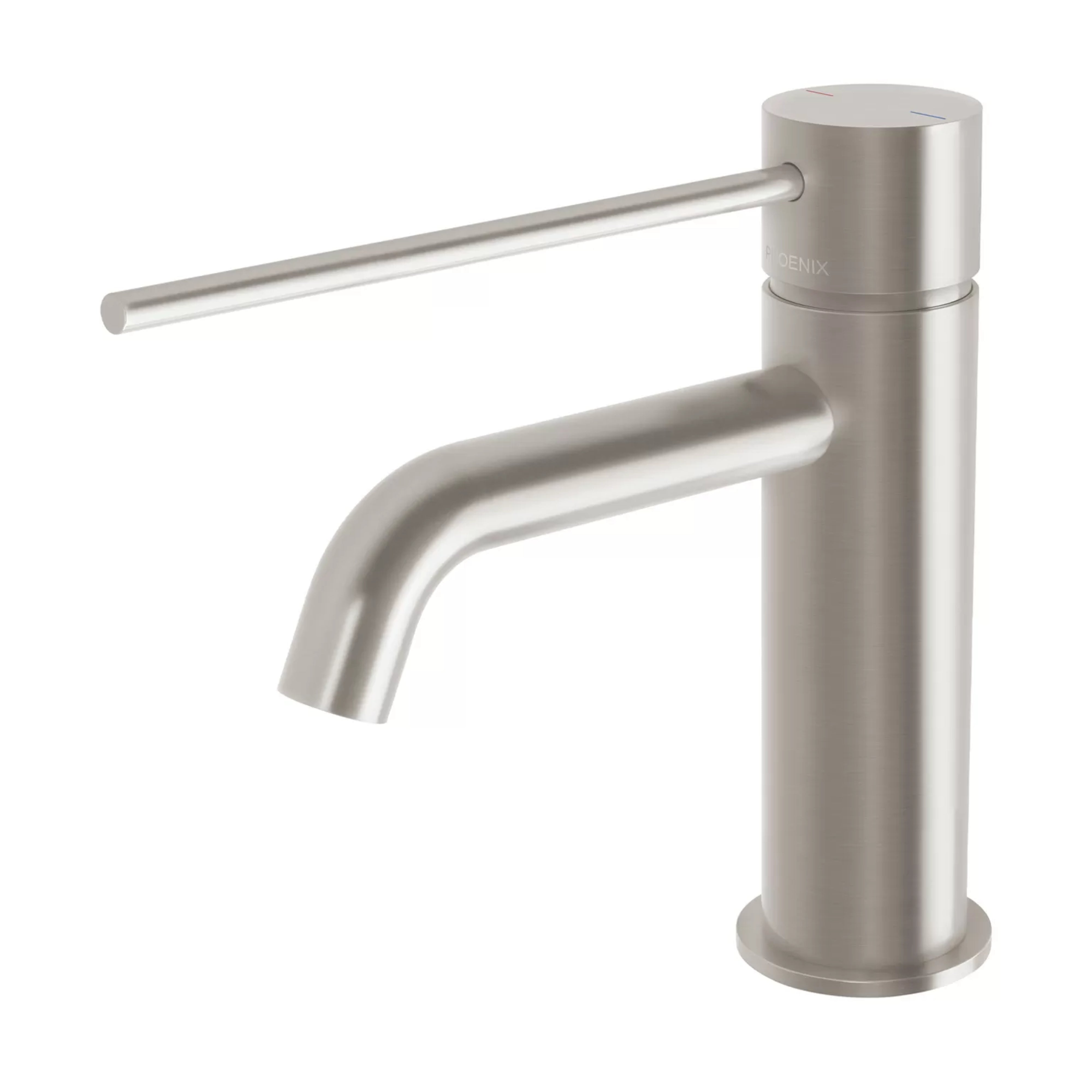 PHOENIX VIVID SLIMLINE BASIN MIXER CURVED OUTLET WITH EXTENDED LEVER 165MM BRUSHED NICKEL