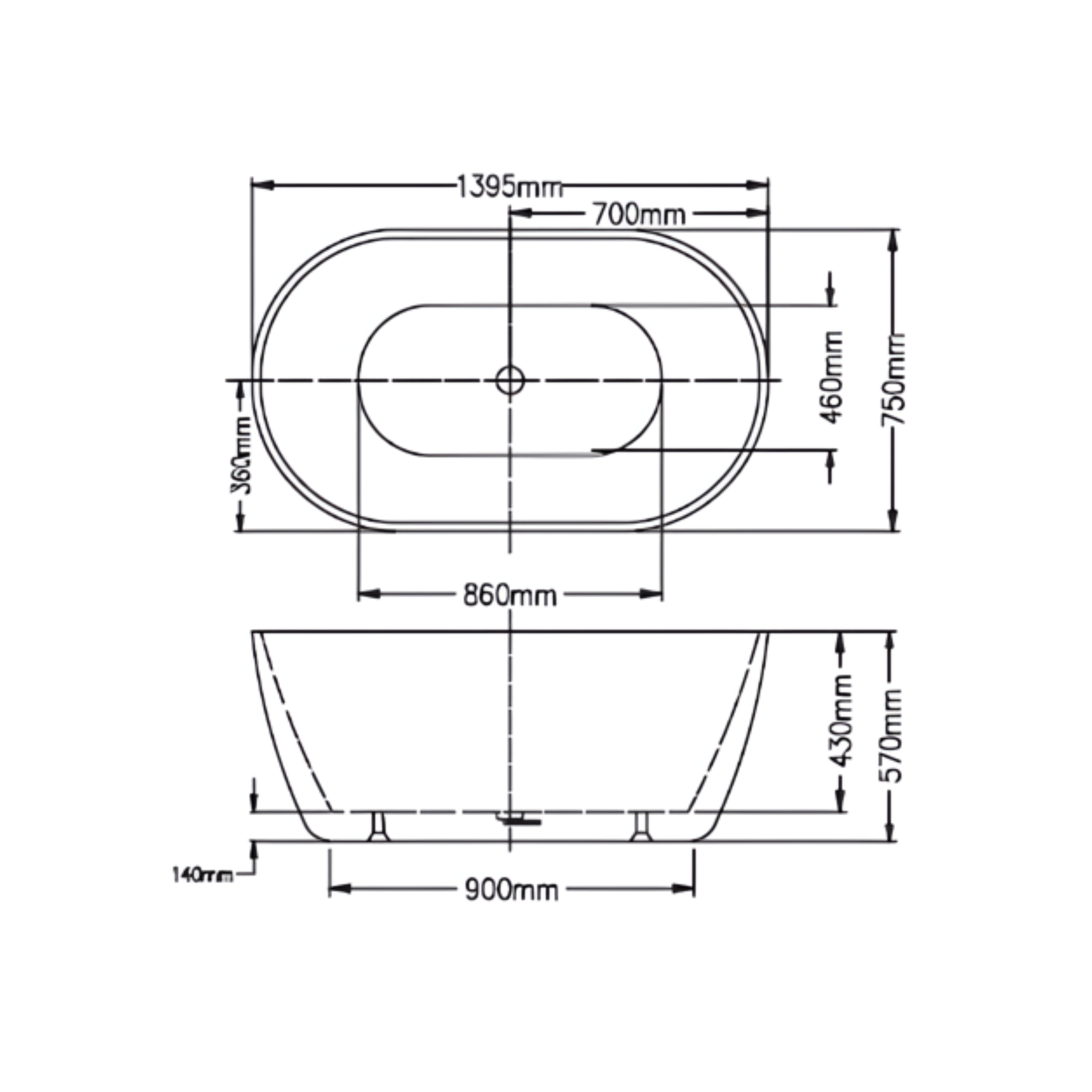 INFINITY NOAH FREESTANDING BATHTUB GLOSS WHITE (AVAILABLE IN 1400MM, 1500MM AND 1700MM)