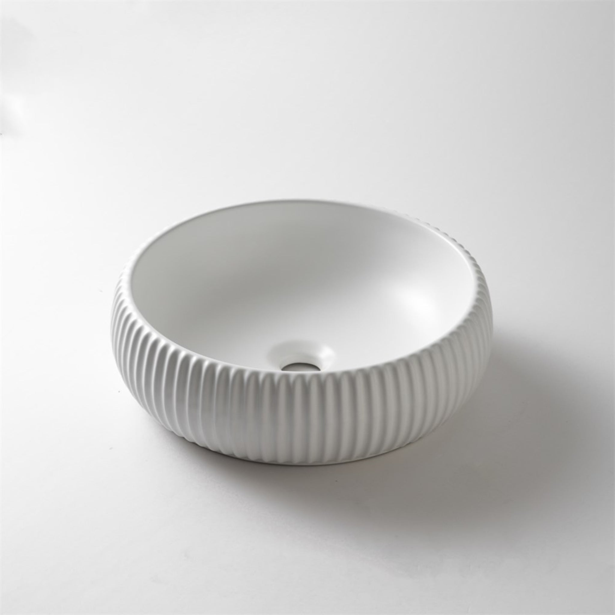 AQUAPERLA CERAMIC FLUTED ROUND ABOVE COUNTER BASIN MATTE WHITE 420MM