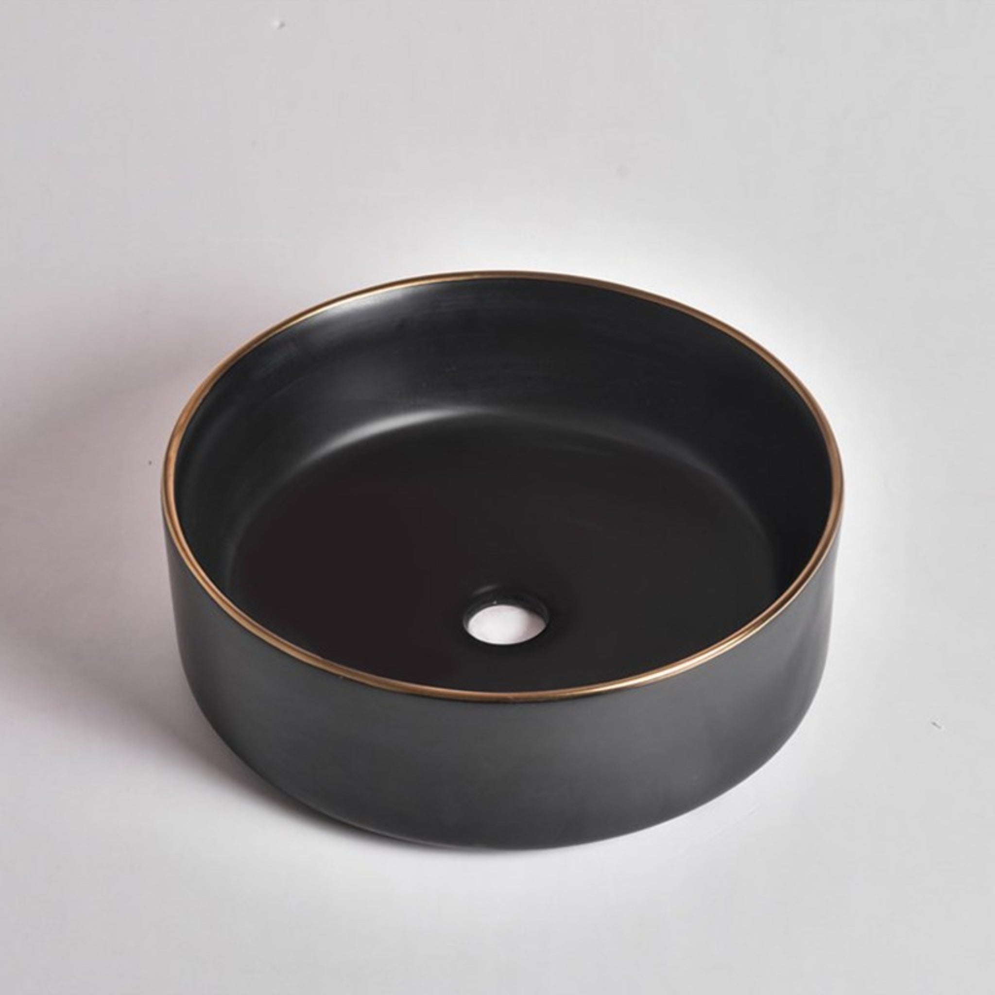 AQUAPERLA CERAMIC ROUND ABOVE COUNTER BASIN MATTE BLACK WITH GOLD RIM 360MM