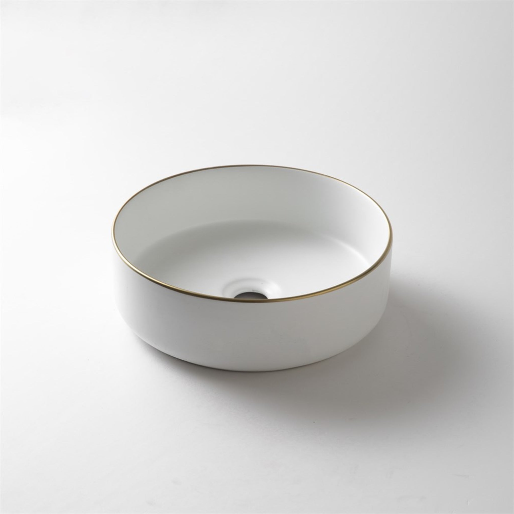 AQUAPERLA CERAMIC ROUND ABOVE COUNTER BASIN MATTE WHITE WITH GOLD RIM 360MM