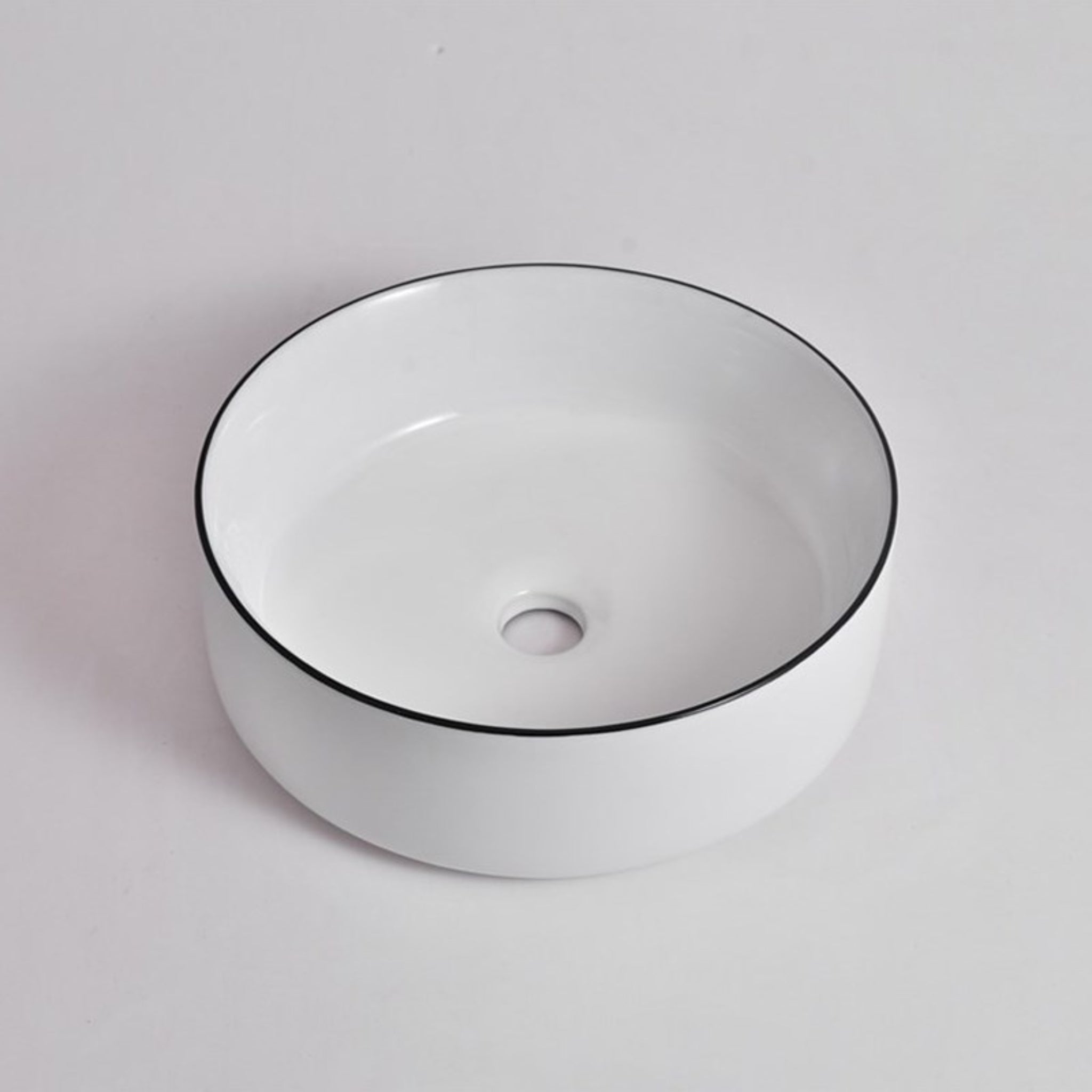 AQUAPERLA CERAMIC ROUND ABOVE COUNTER BASIN GLOSS WHITE WITH BLACK RIM 360MM