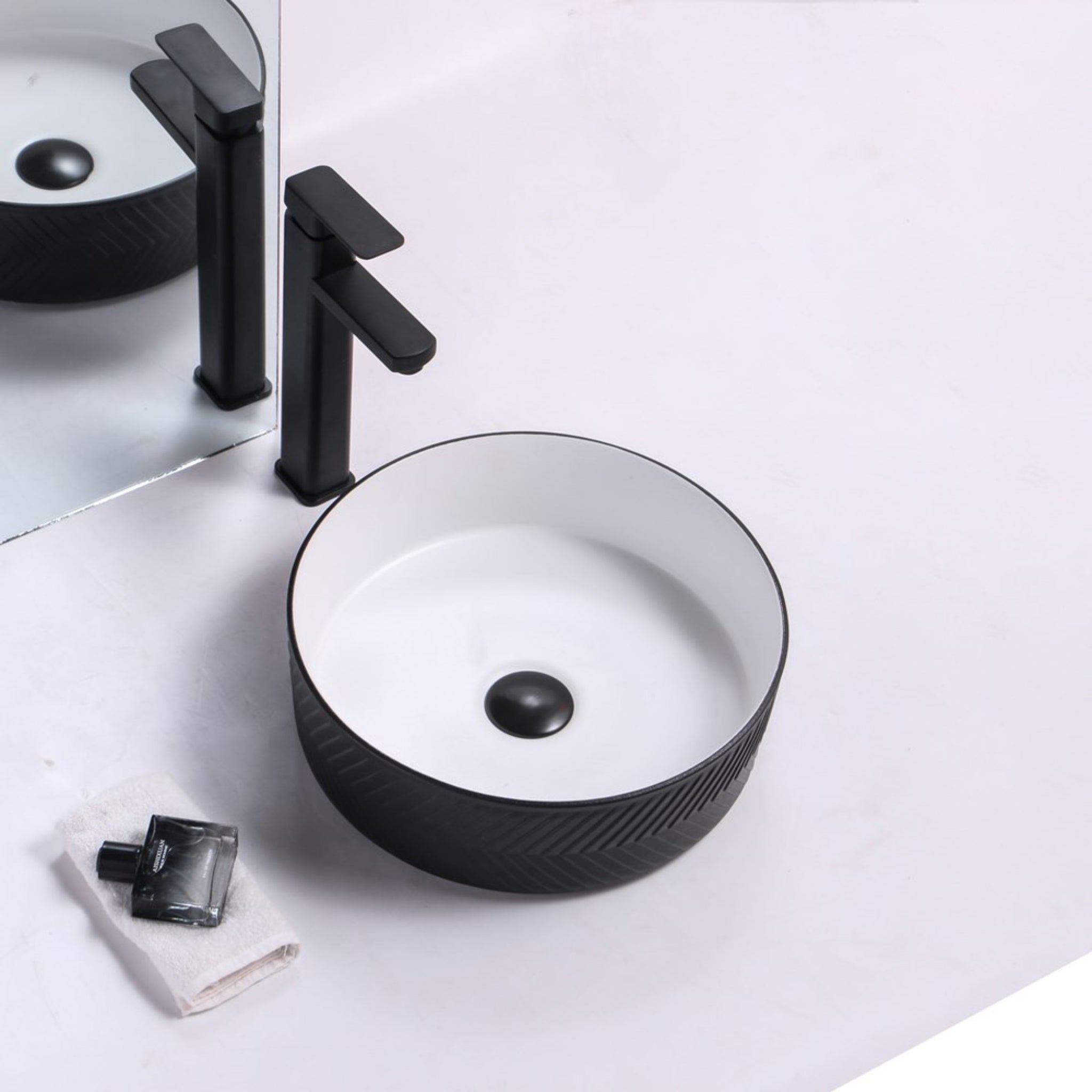 AQUAPERLA CERAMIC TEXTURED ABOVE COUNTER BASIN BLACK AND MATTE WHITE 360MM