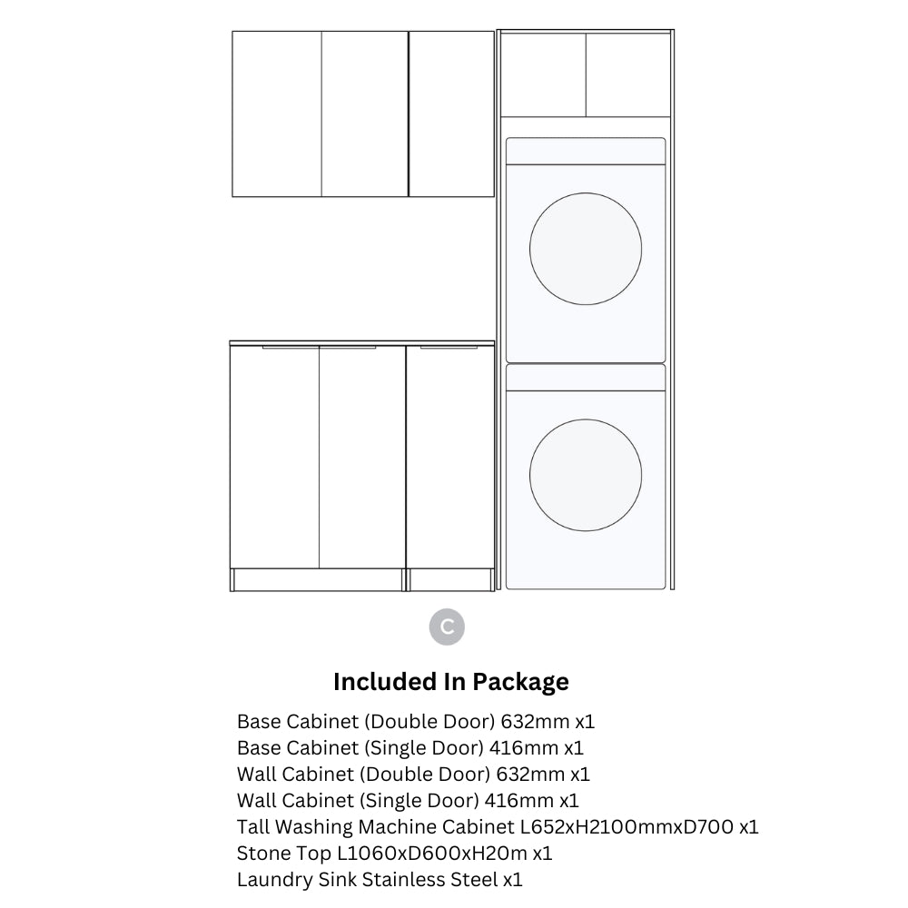 OTTI HAMPSHIRE MATTE WHITE 1715MM LAUNDRY AND WALL CABINET WITH STONE TOP & SINK (PACKAGE-C)