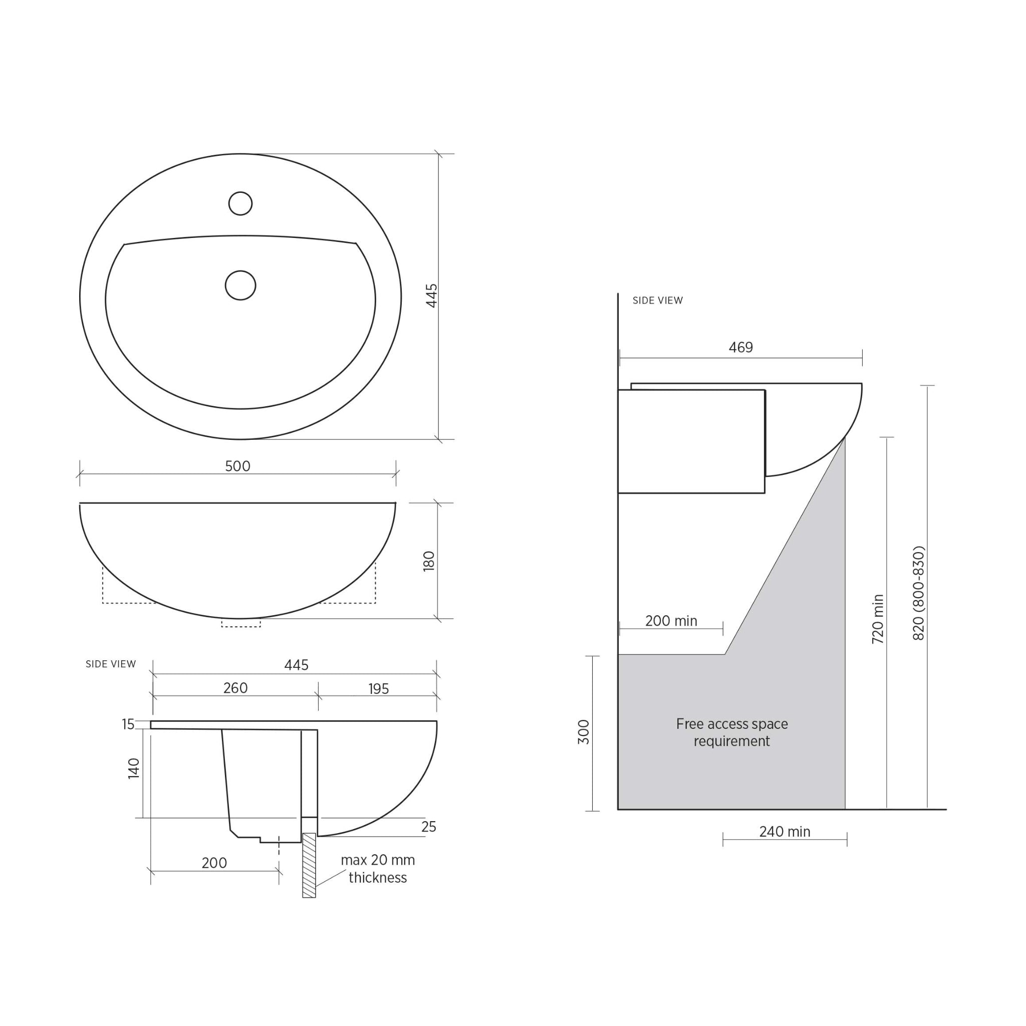 SEIMA CHIOS 205 SEMI-RECESSED BASIN WITH TAPHOLE & OVERFLOW GLOSS WHITE 500MM