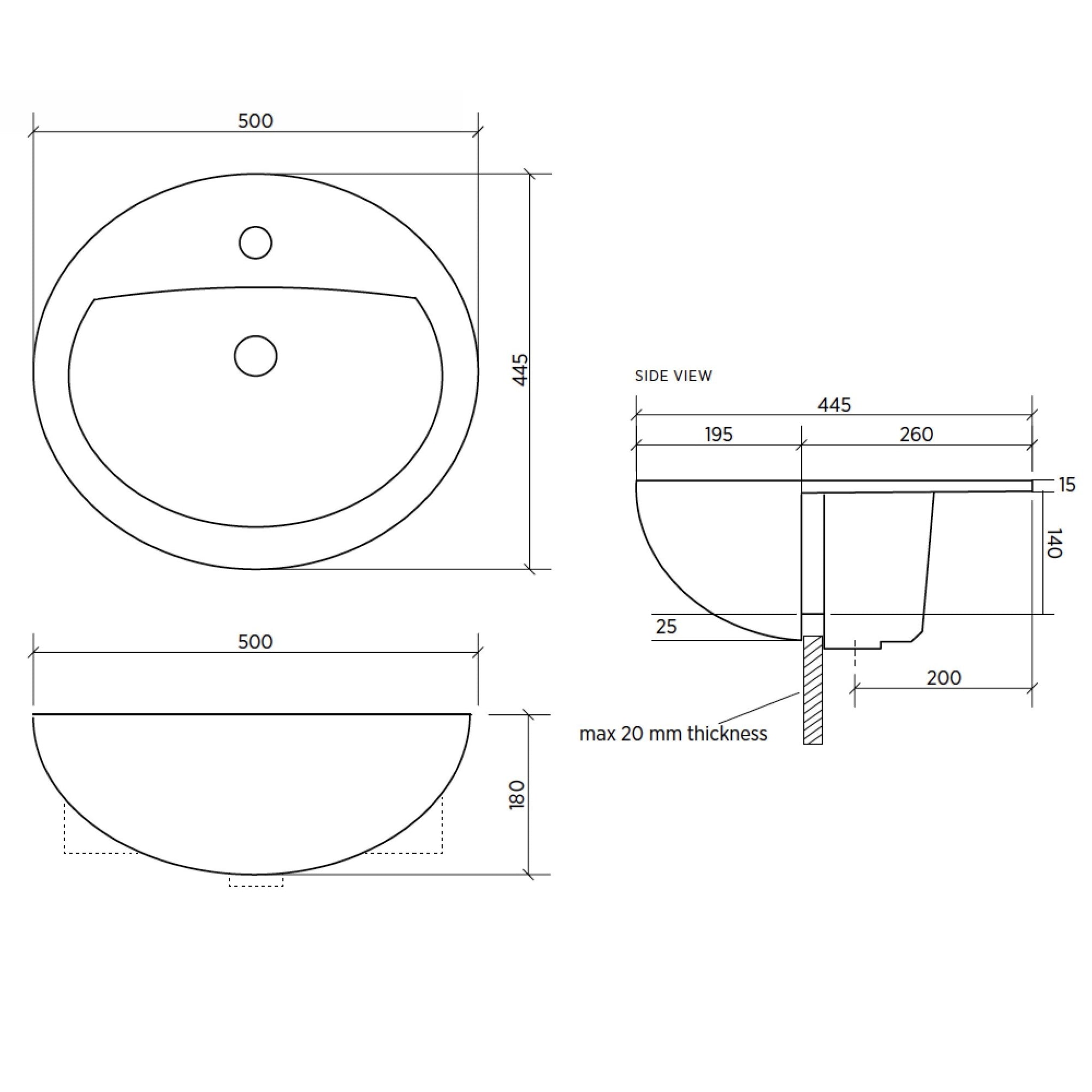 SEIMA CHIOS 205 SEMI-RECESSED BASIN WITH TAPHOLE & OVERFLOW GLOSS WHITE 500MM