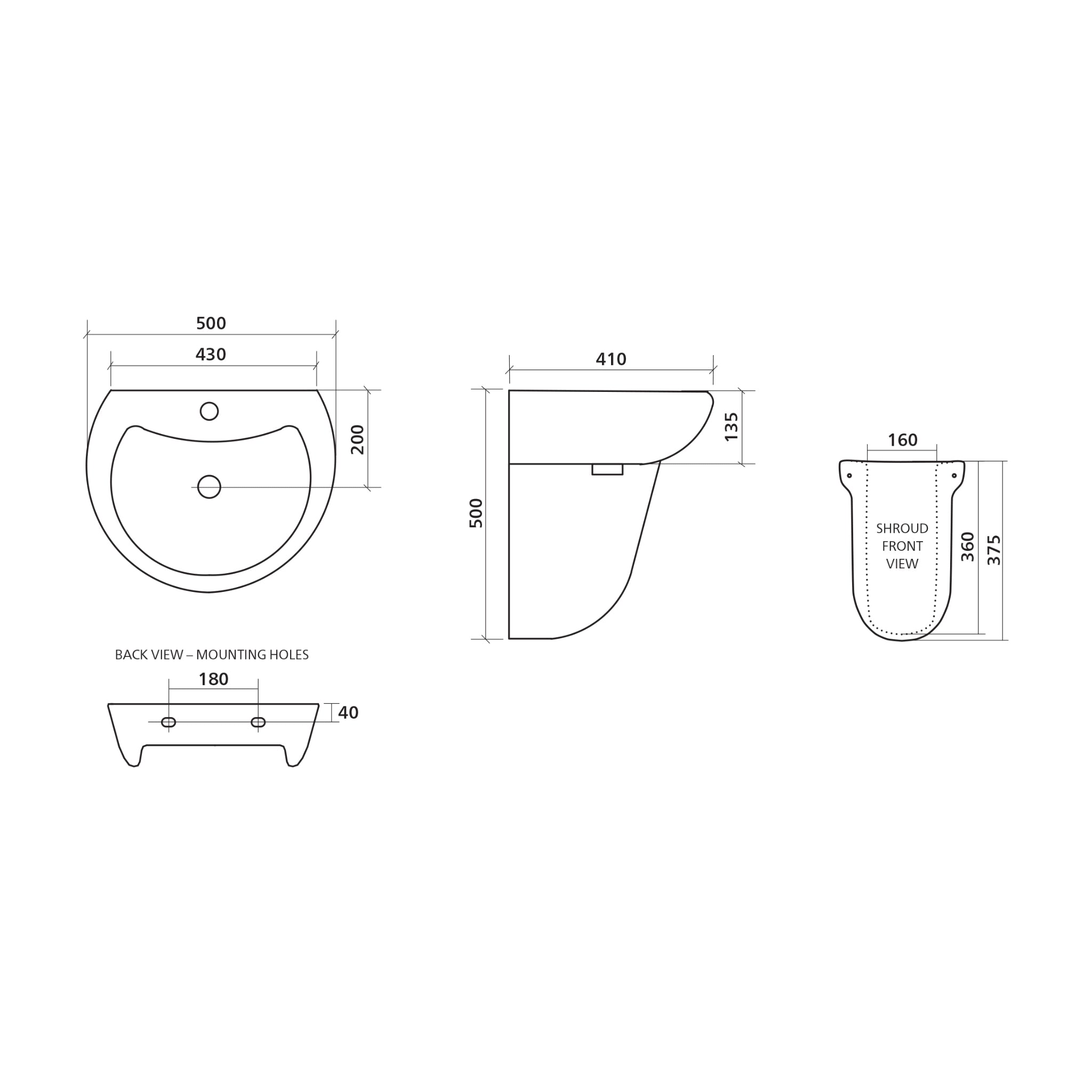 SEIMA CHIOS 515 WALL HUNG BASIN WITH TAPHOLE & OVERFLOW GLOSS WHITE 500MM