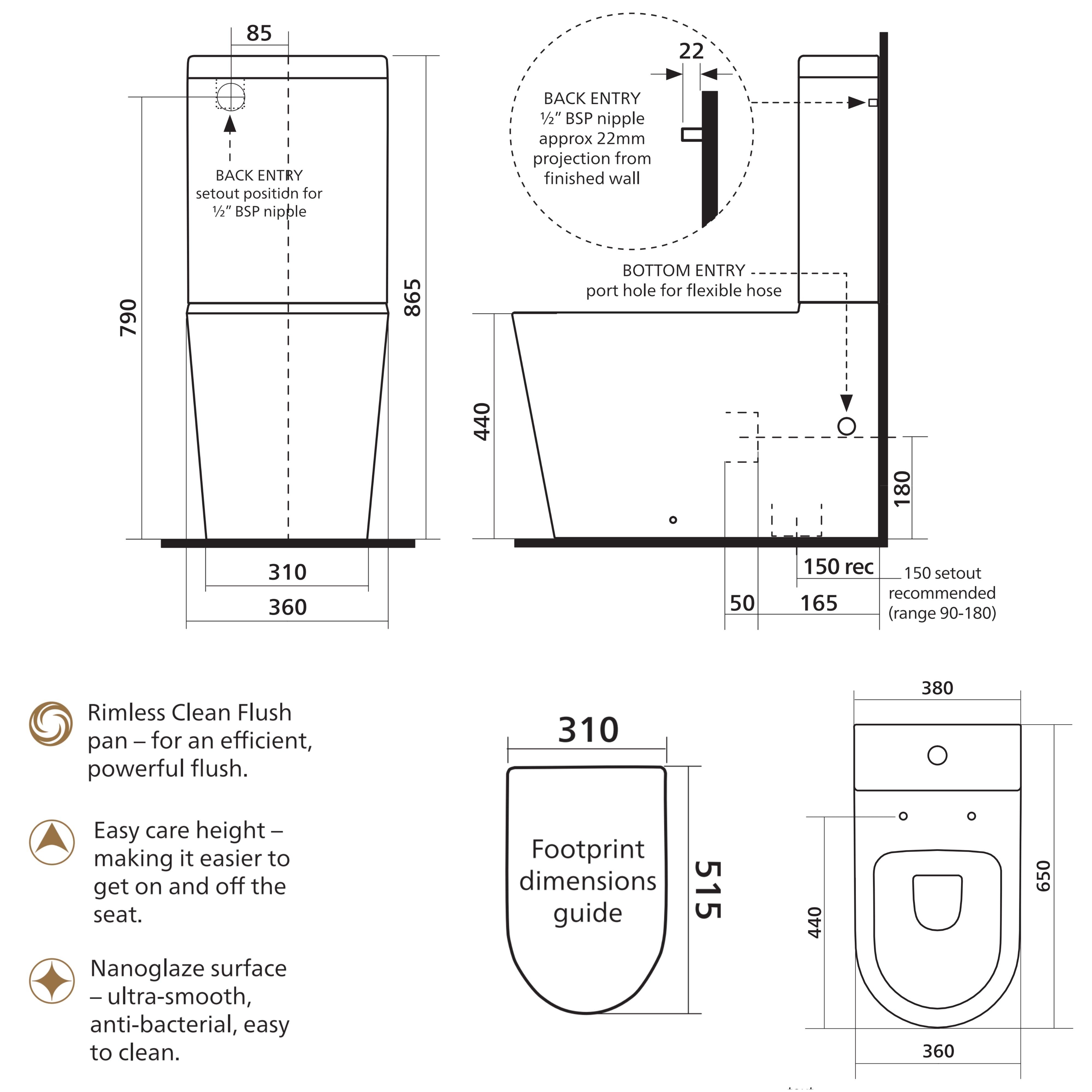 SEIMA MODIA CARE RIMLESS CLOSE COUPLED TOILET SUITE GLOSS WHITE