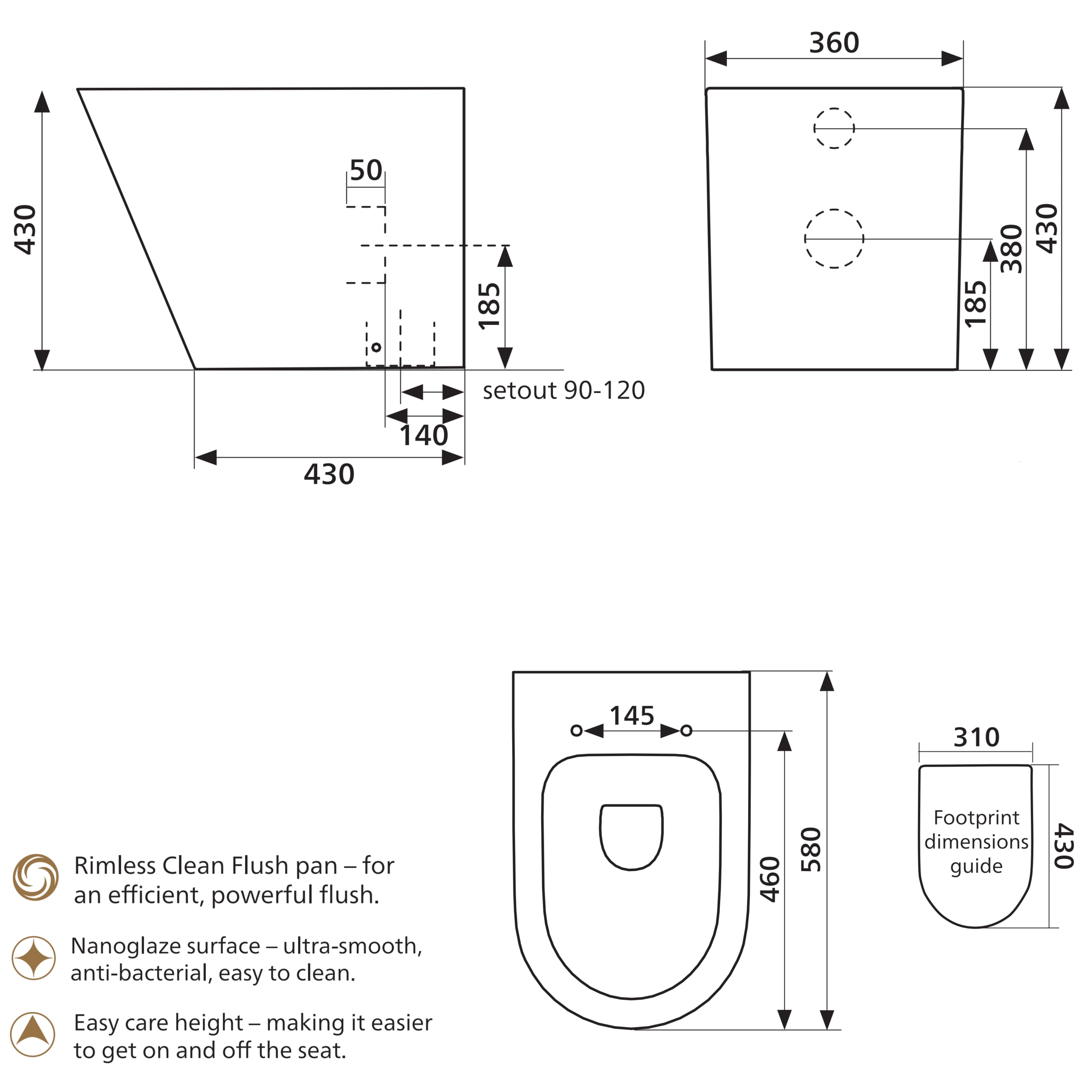 SEIMA MODIA CARE RIMLESS WALL FACED TOILET SUITE GLOSS WHITE