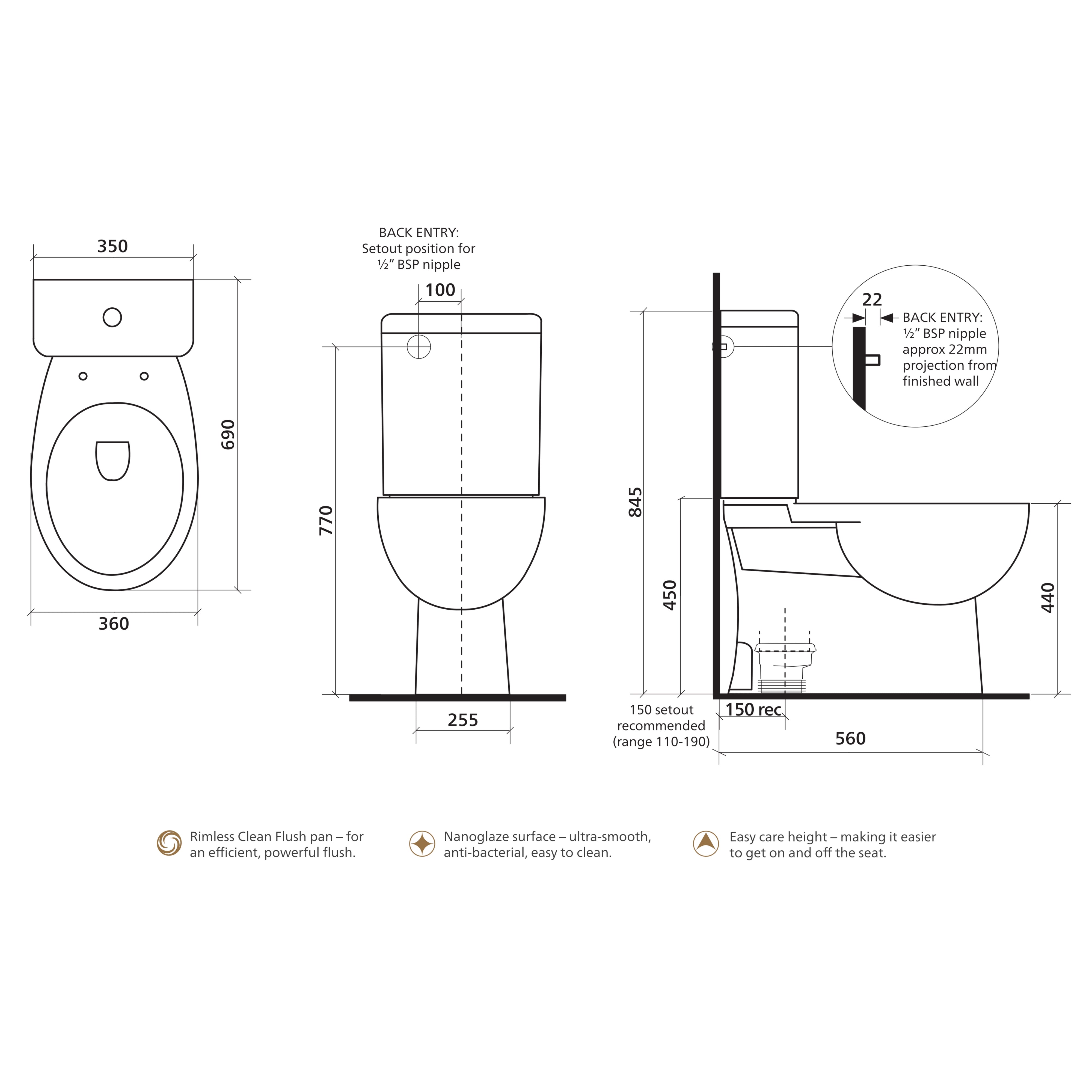 SEIMA SYROS RIMLESS CLOSE COUPLED TOILET SUITE GLOSS WHITE