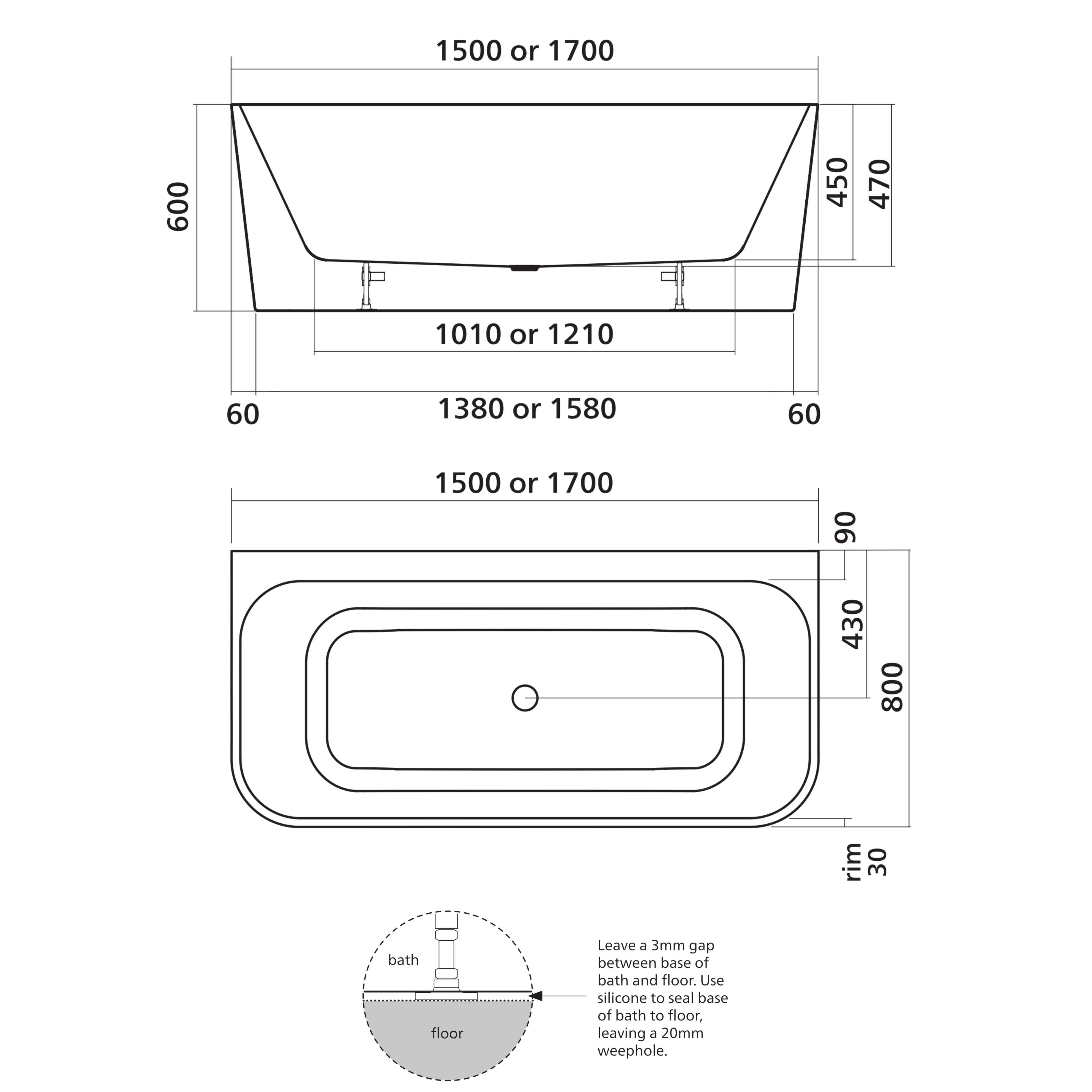 SEIMA PLATI 130 BACK-TO-WALL BATHTUB GLOSS WHITE (AVAILABLE IN 1500MM AND 1700MM)