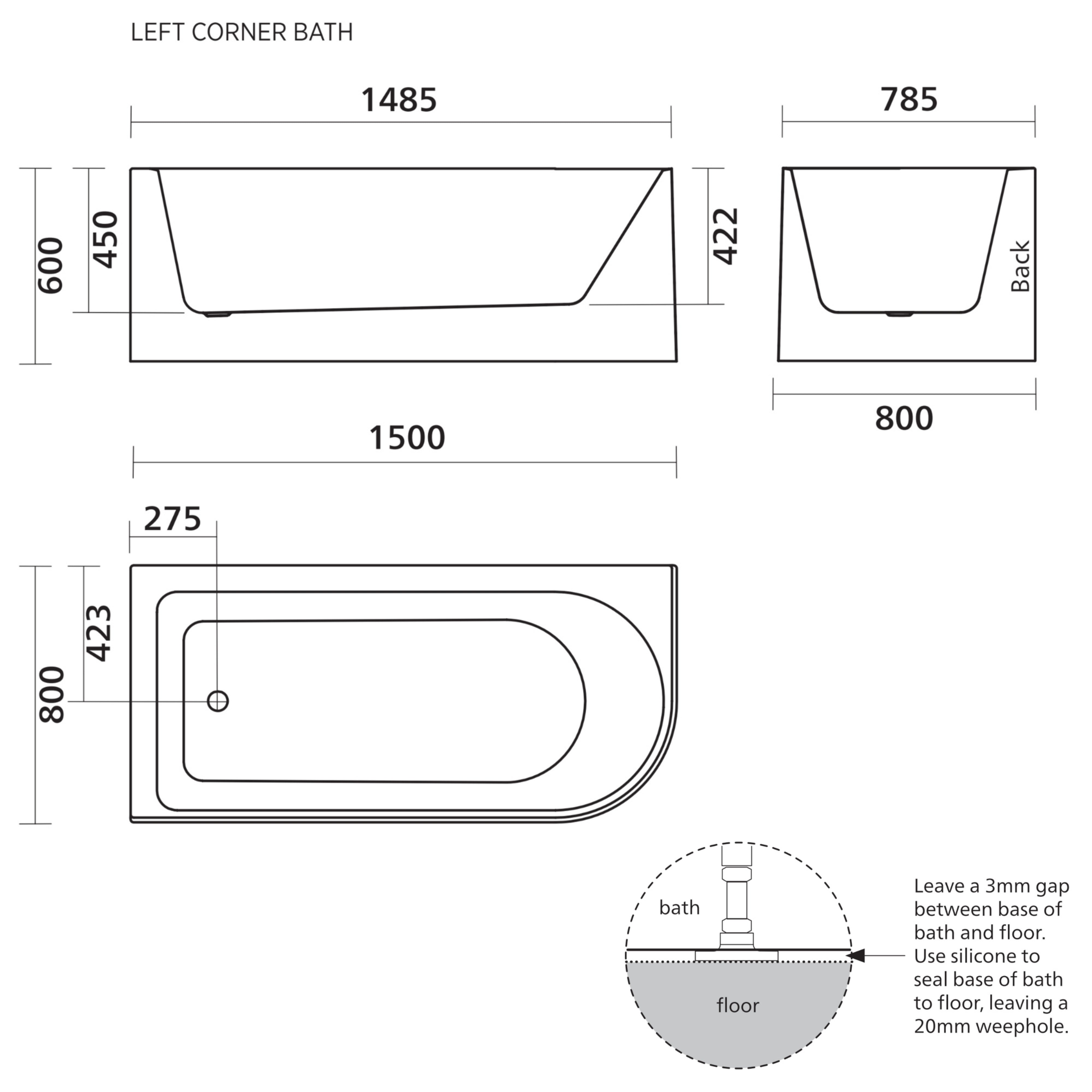 SEIMA PLATI 110 LEFT CORNER BATHTUB WITH SMARTFILL SYSTEM GLOSS WHITE 1500MM