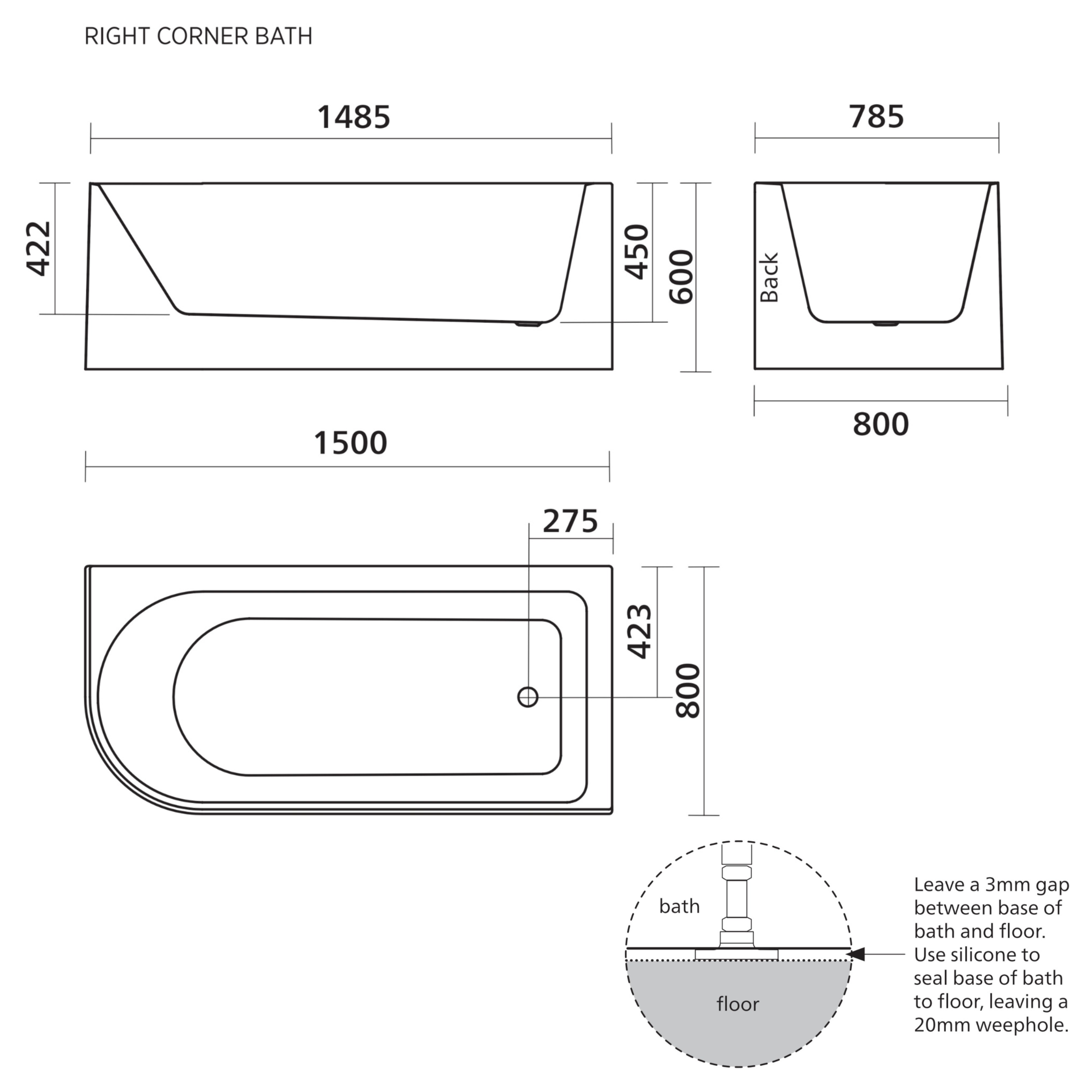 SEIMA PLATI 110 RIGHT CORNER BATHTUB WITH OVERFLOW GLOSS WHITE 1500MM