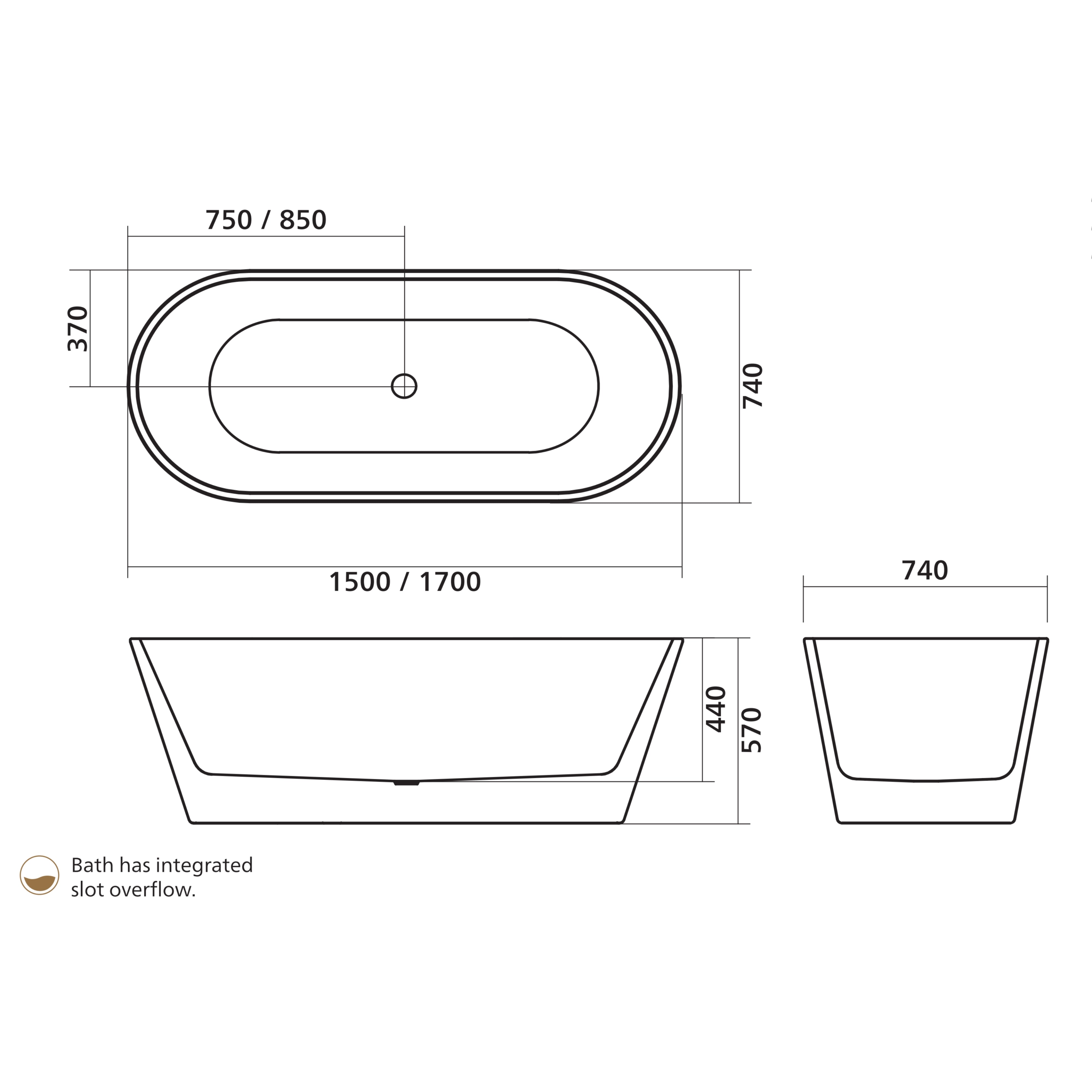 SEIMA SYROS 105 FREESTANDING BATHTUB WITH OVERFLOW GLOSS WHITE (AVAILABLE IN 1500MM AND 1700MM)