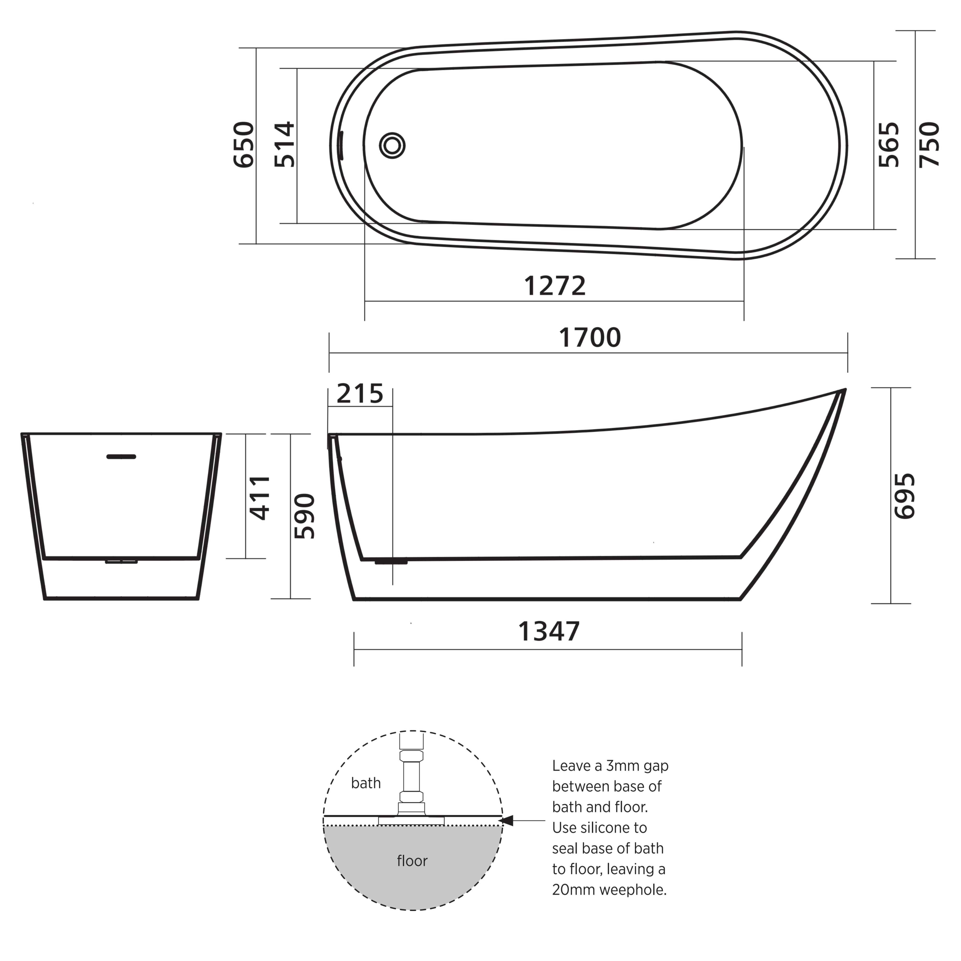 SEIMA ARKO 140 FREESTANDING BATHTUB WITH OVERFLOW GLOSS WHITE 1700MM