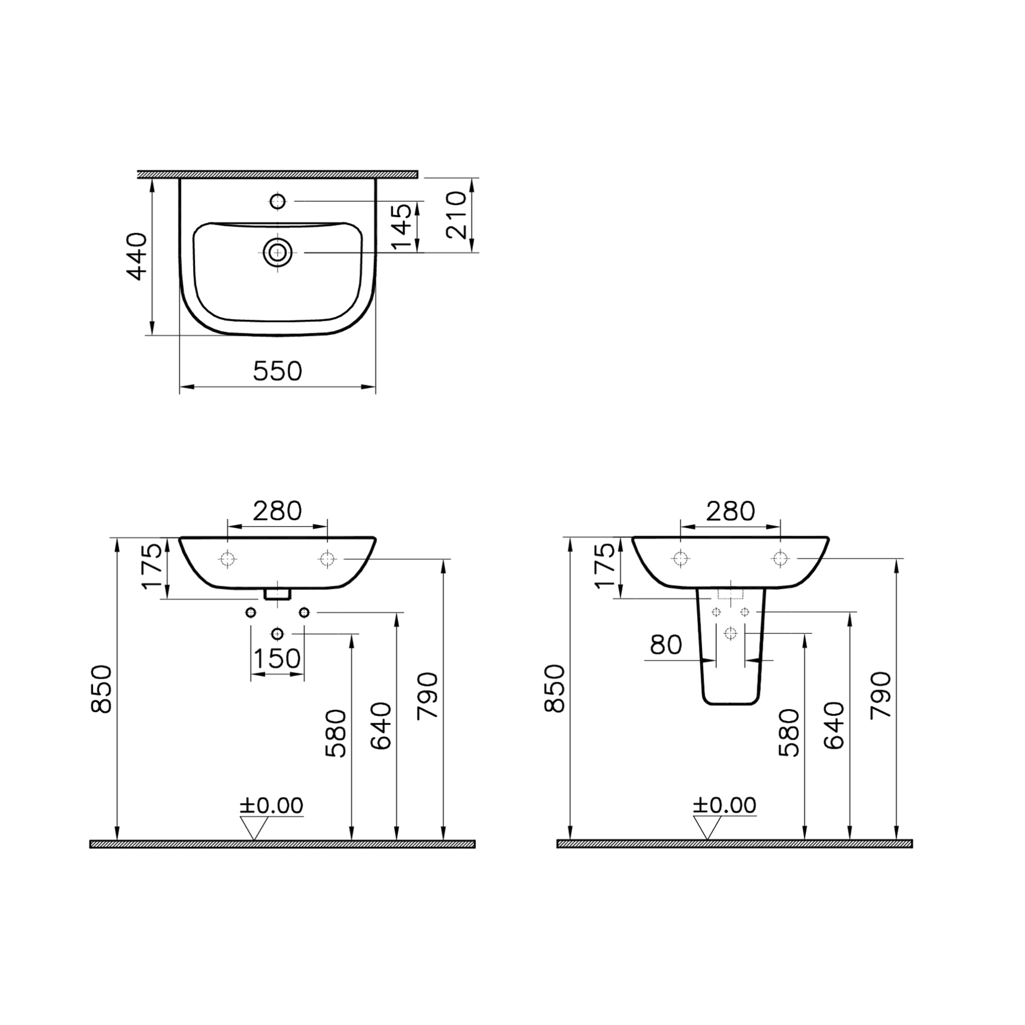 SEIMA CHIOS 550 WALL HUNG BASIN WITH TAPHOLE & OVERFLOW GLOSS WHITE 550MM