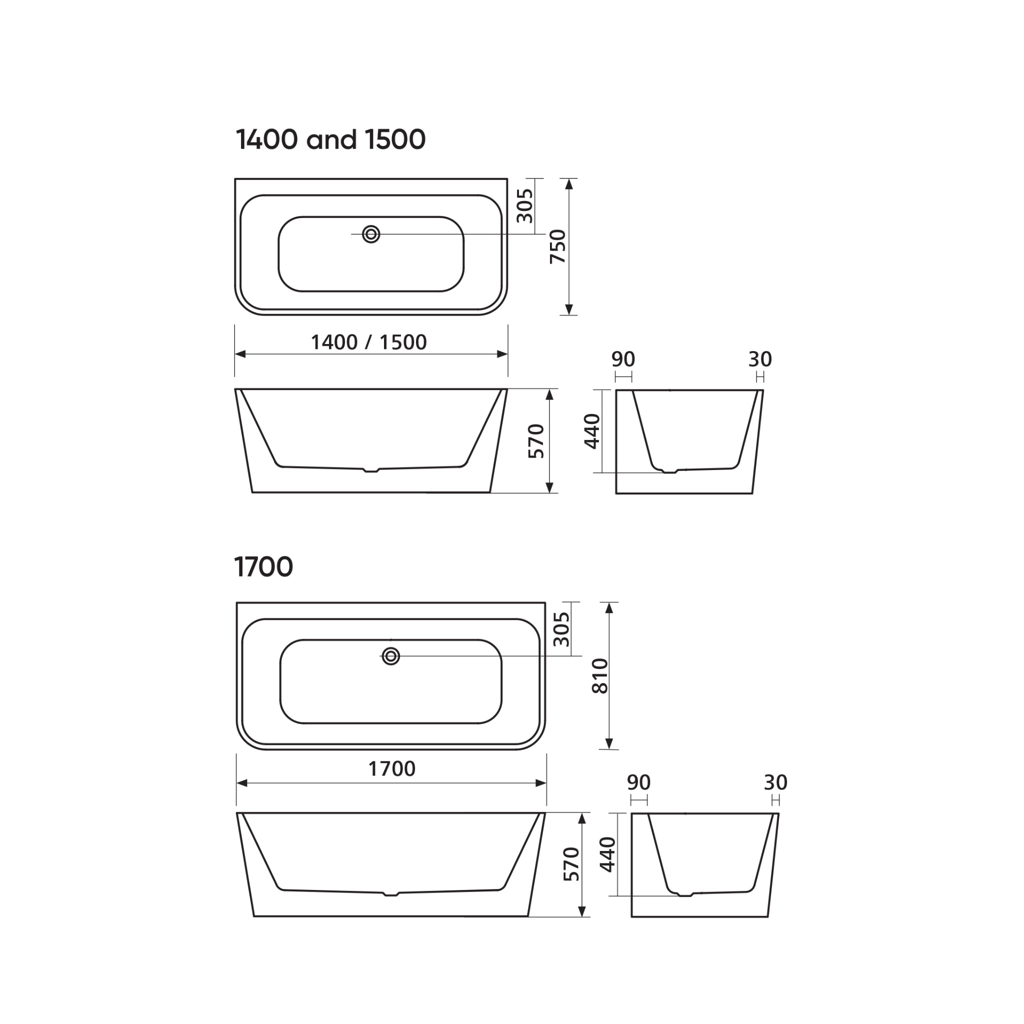 SEIMA PLATI 135 BACK-TO-WALL BATHTUB WITH OVERFLOW GLOSS WHITE (AVAILABLE IN 1400MM, 1500MM AND 1700MM)