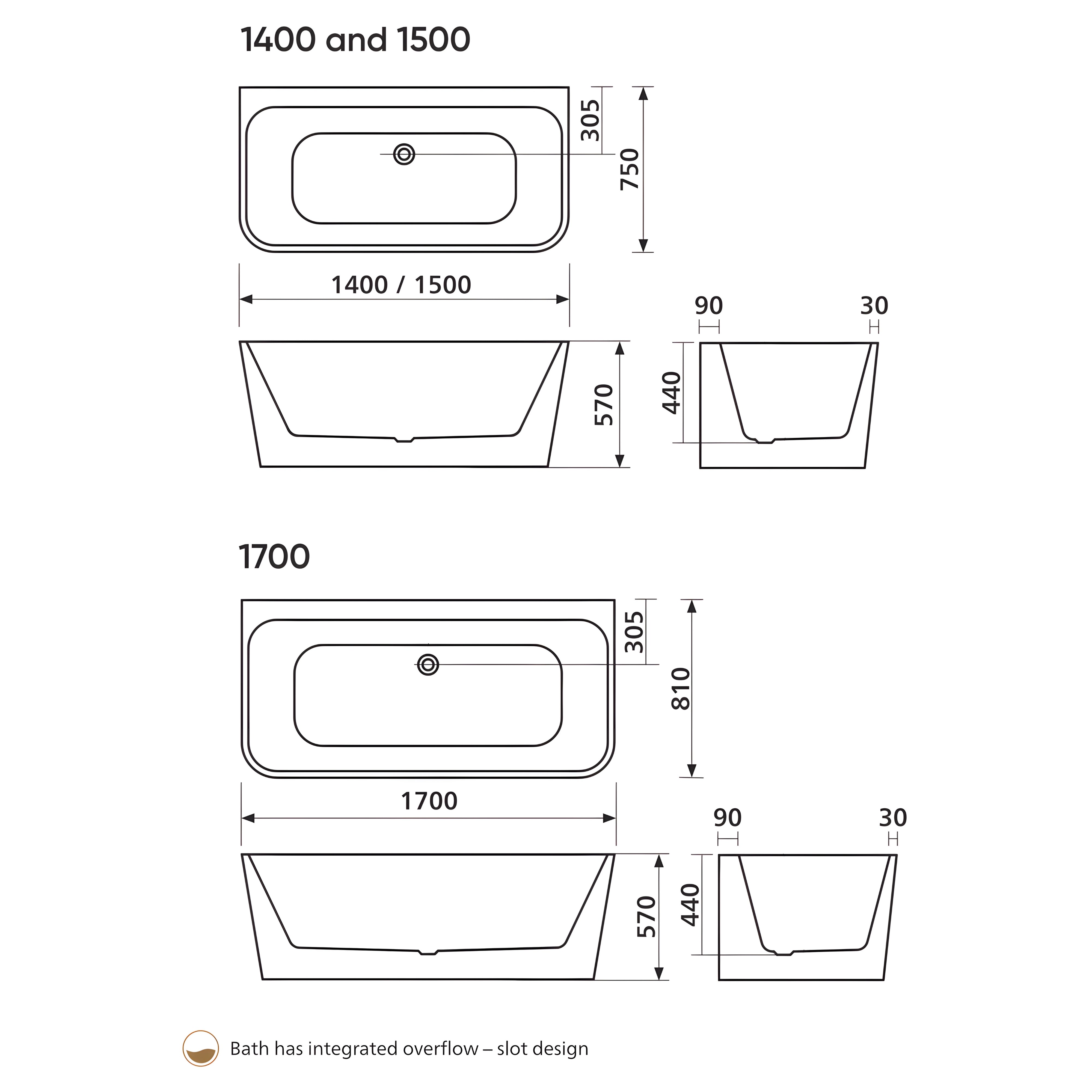 SEIMA PLATI 135 BACK-TO-WALL BATHTUB WITH OVERFLOW GLOSS WHITE (AVAILABLE IN 1400MM, 1500MM AND 1700MM)