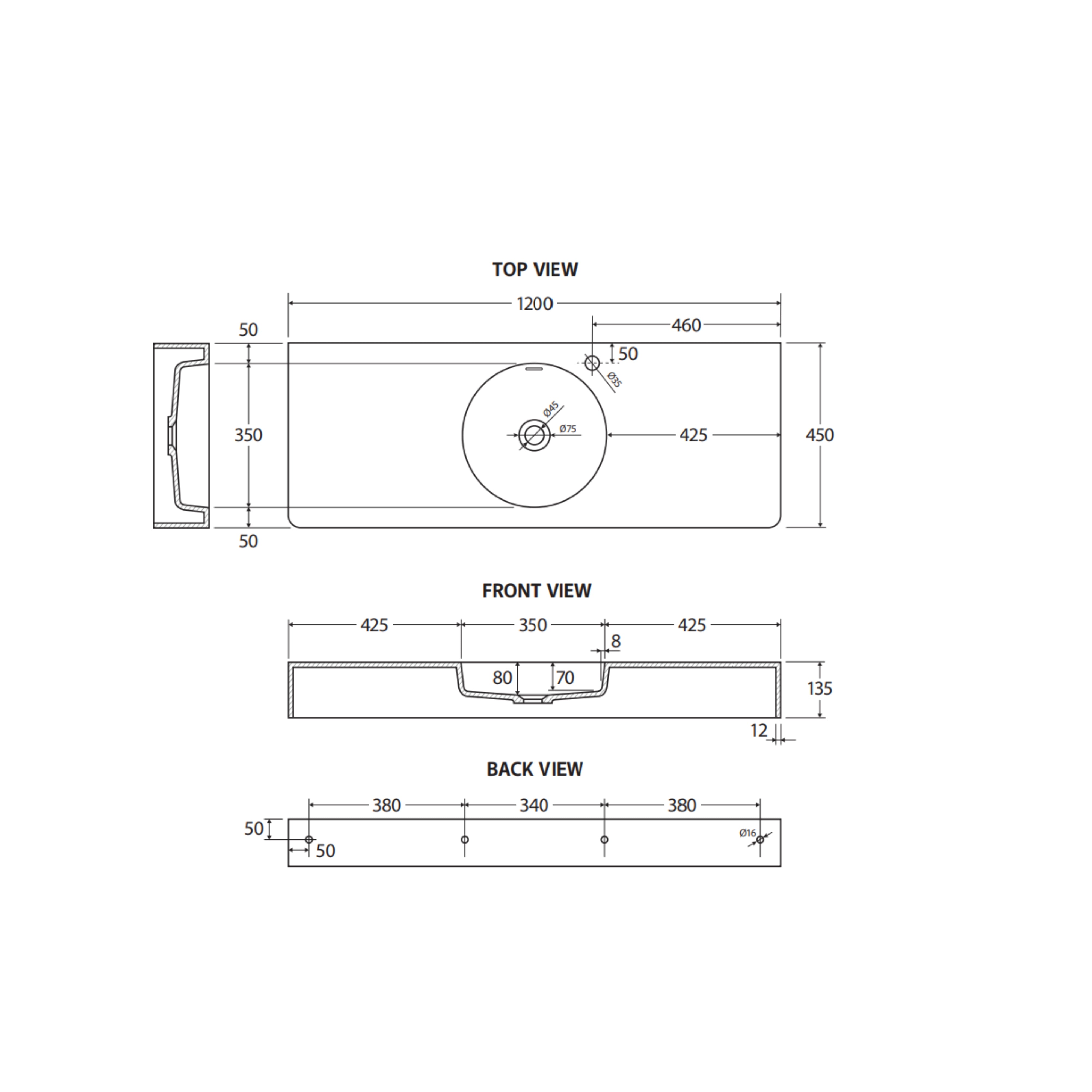 FIENZA ENCANTO SOLID SURFACE WALL HUNG CENTER BASIN WITH TAPHOLE MATTE WHITE 1200MM