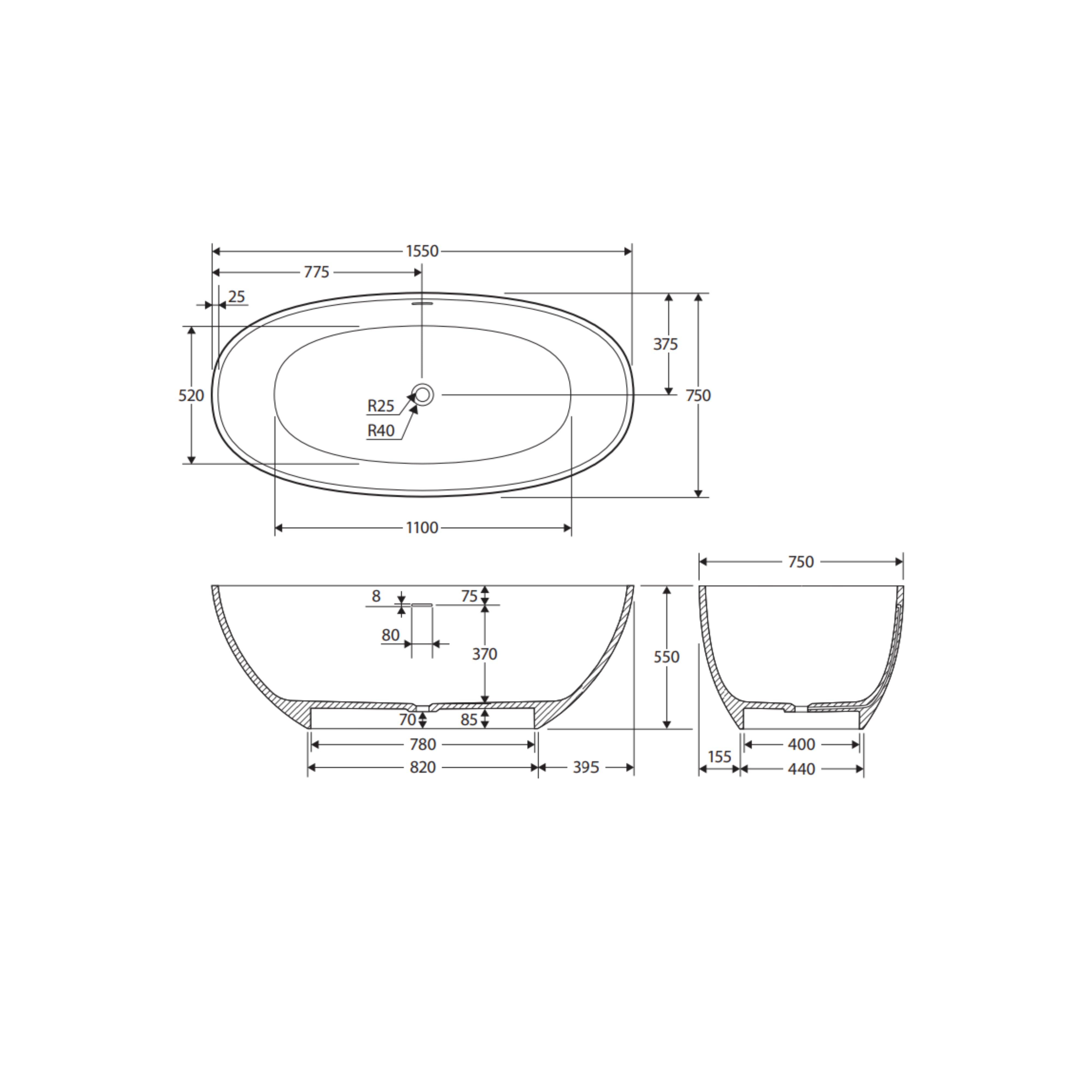 FIENZA SASSO SOLID SURFACE FREESTANDING BATHTUB MATTE WHITE (AVAILABLE IN 1550MM AND 1650MM)