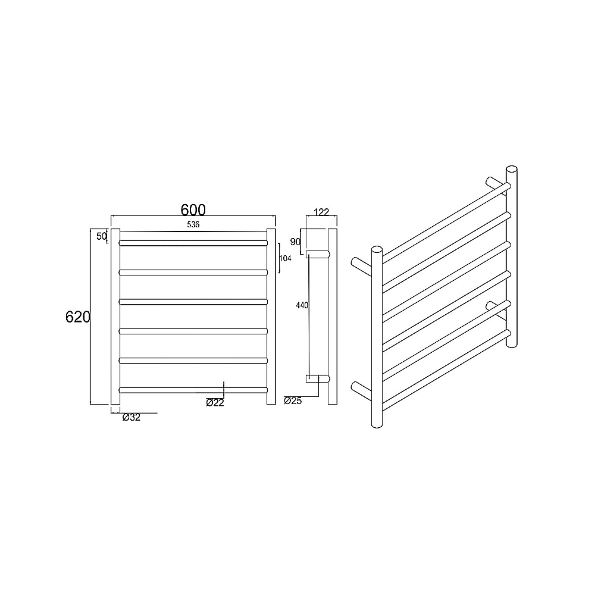 AQUAPERLA 6-BAR ROUND LADDER HEATED TOWEL RAIL 620MM CHROME