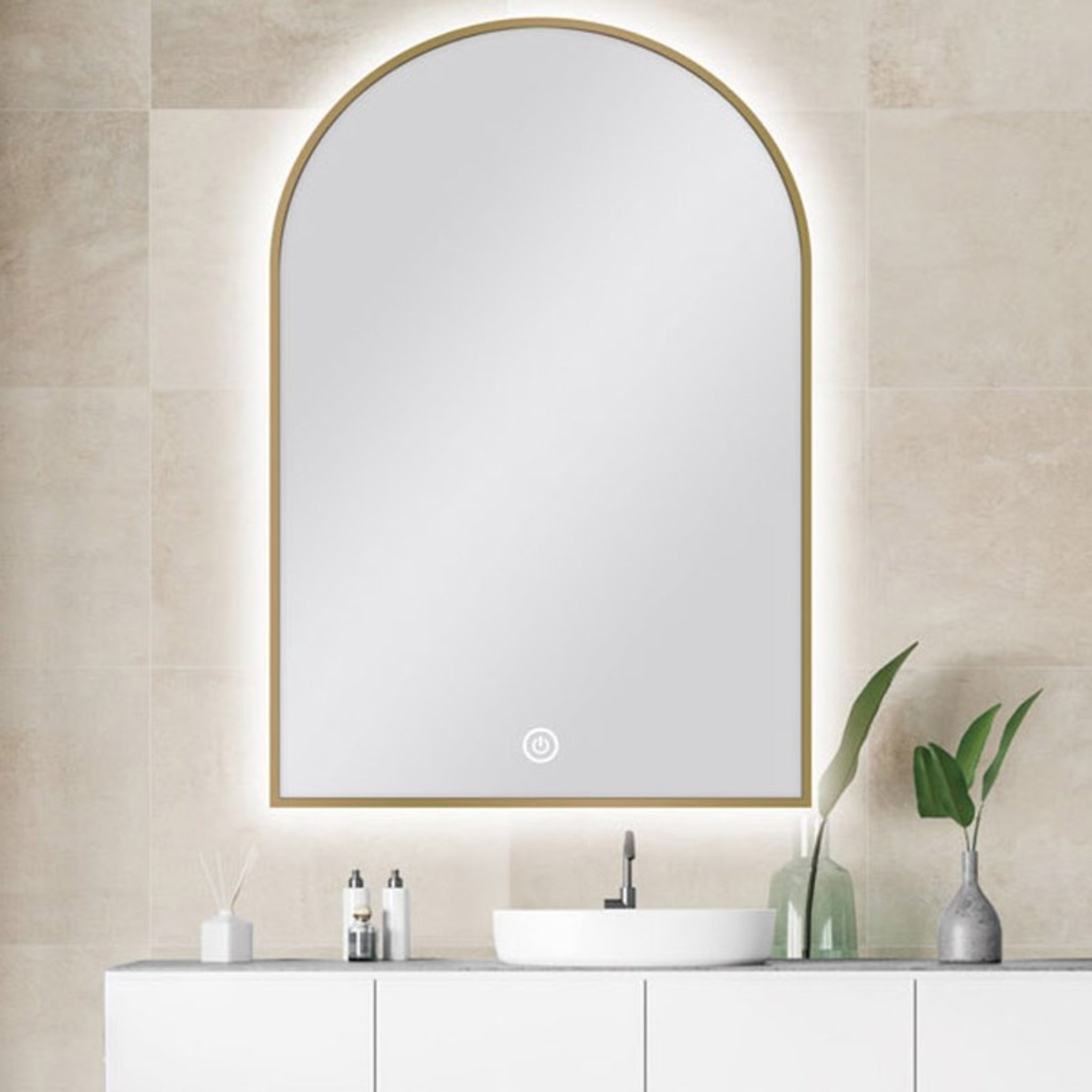 AQUAPERLA ARCHED FRAMED BACK-LIT LED MIRROR GOLD 600X900MM