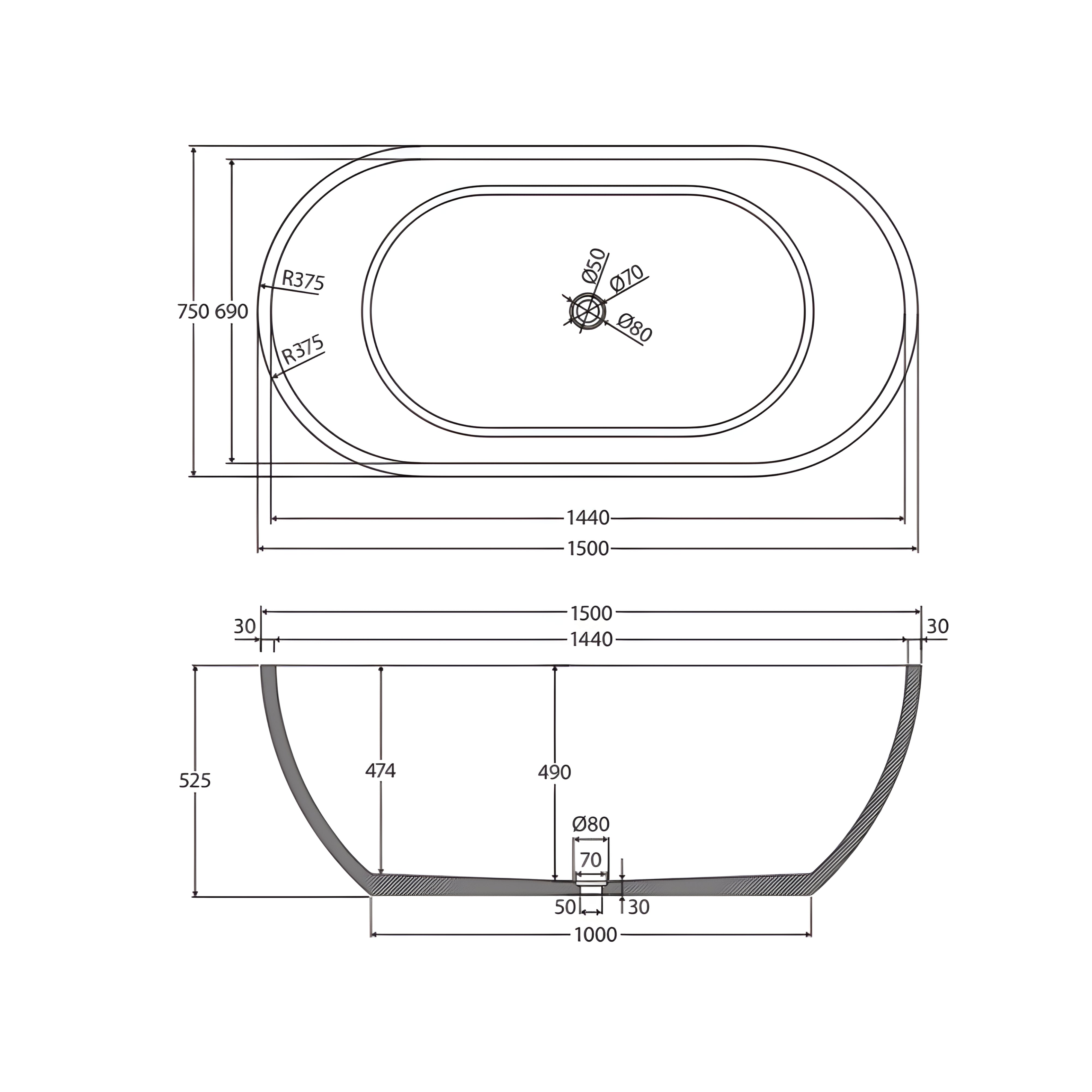 FIENZA JADA CONCRETE FREESTANDING BATHTUB WARM GREY 1500MM