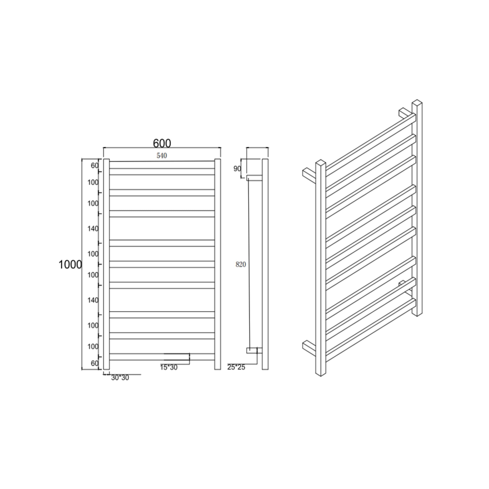 AQUAPERLA 9-BAR LADDER HEATED TOWEL RAIL 1000MM CHROME