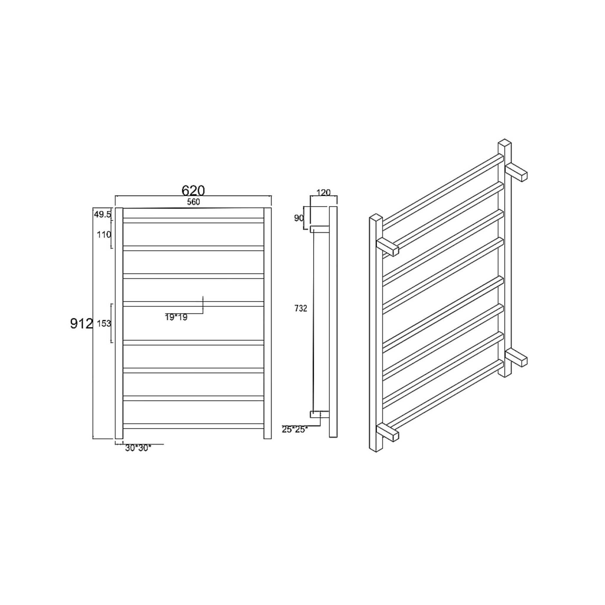 AQUAPERLA 8-BAR SQUARE LADDER HEATED TOWEL RAIL 912MM CHROME