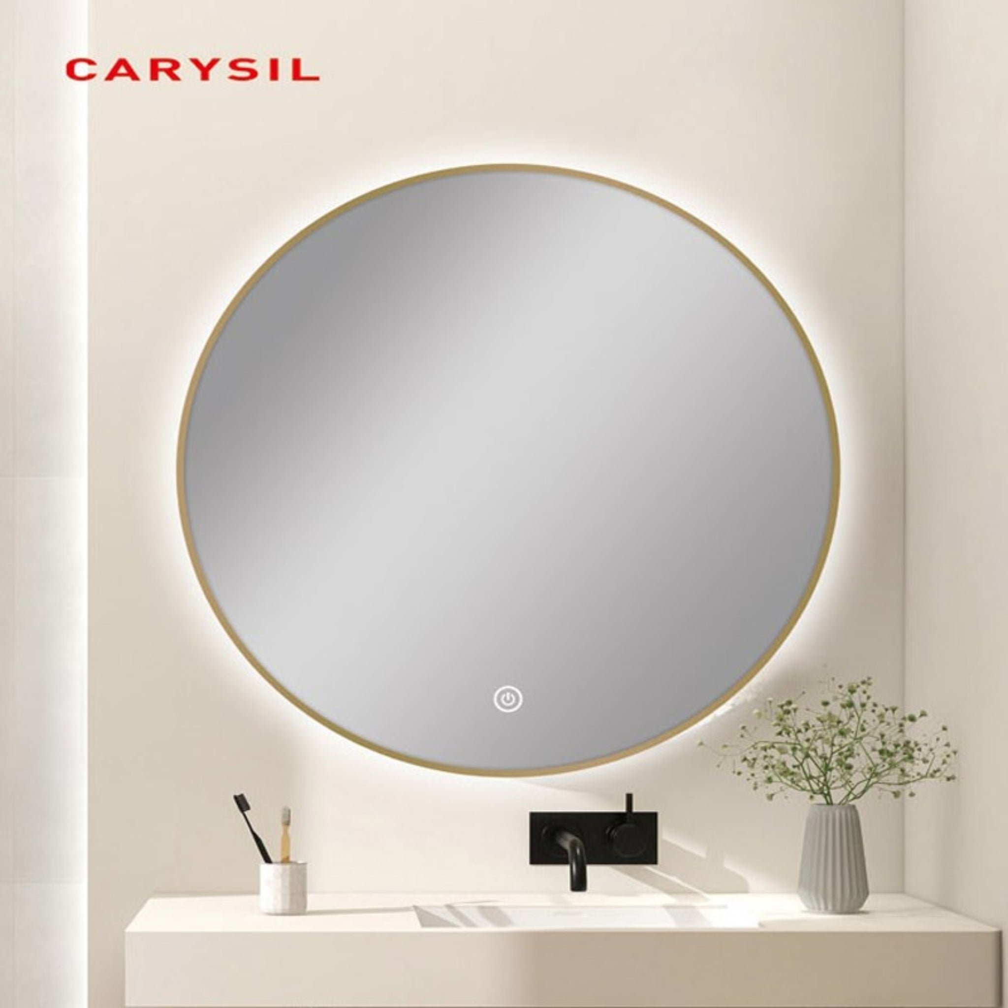 AQUAPERLA ROUND FRAMED BACK-LIT LED MIRROR GOLD 750MM