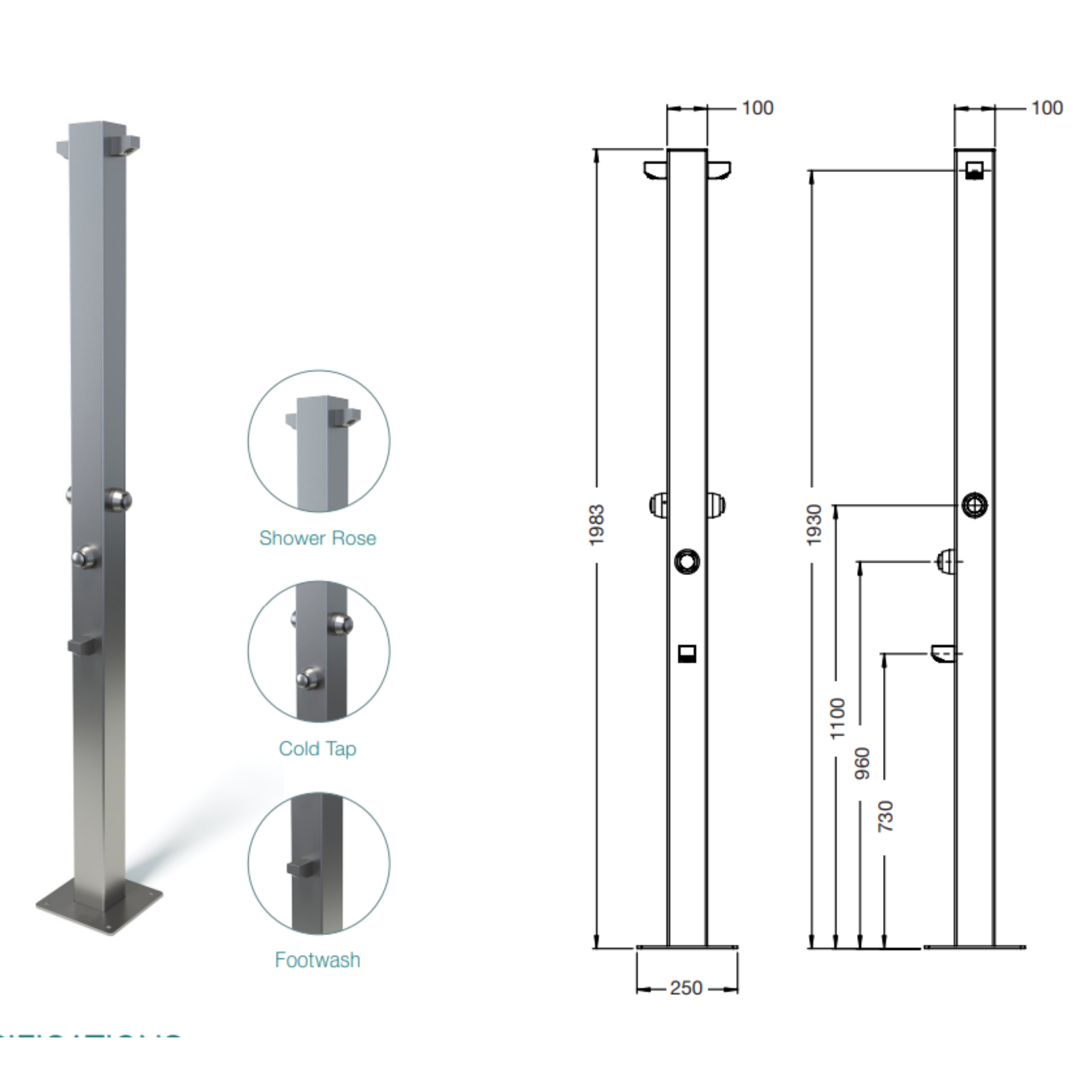 RAINWARE BEACH DUET FREESTANDING OUTDOOR TIME FLOW DOUBLE SHOWER AND FOOTWASH STAINLESS STEEL