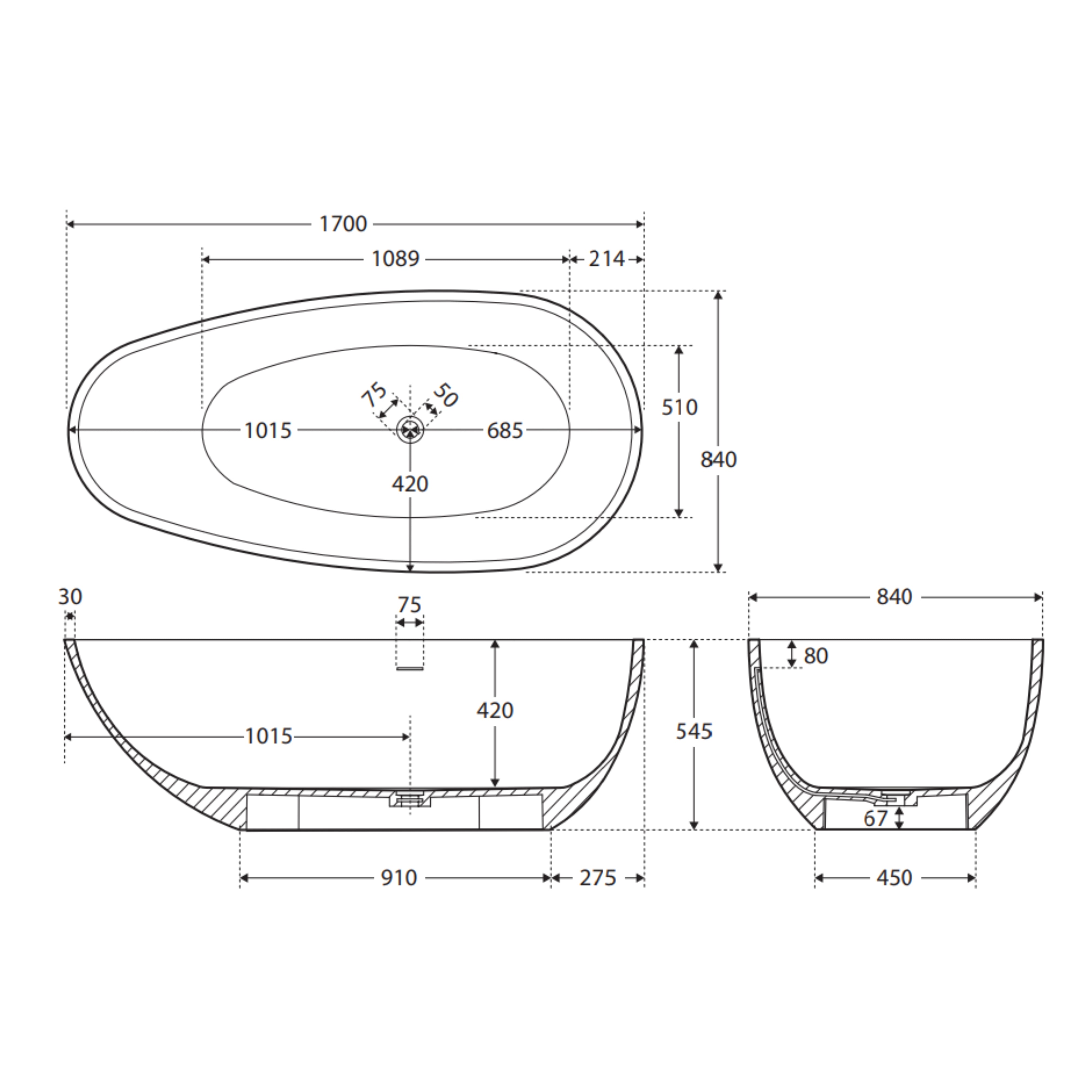 FIENZA BAHAMA SOLID SURFACE FREESTANDING BATHTUB MATTE BLACK 1700MM