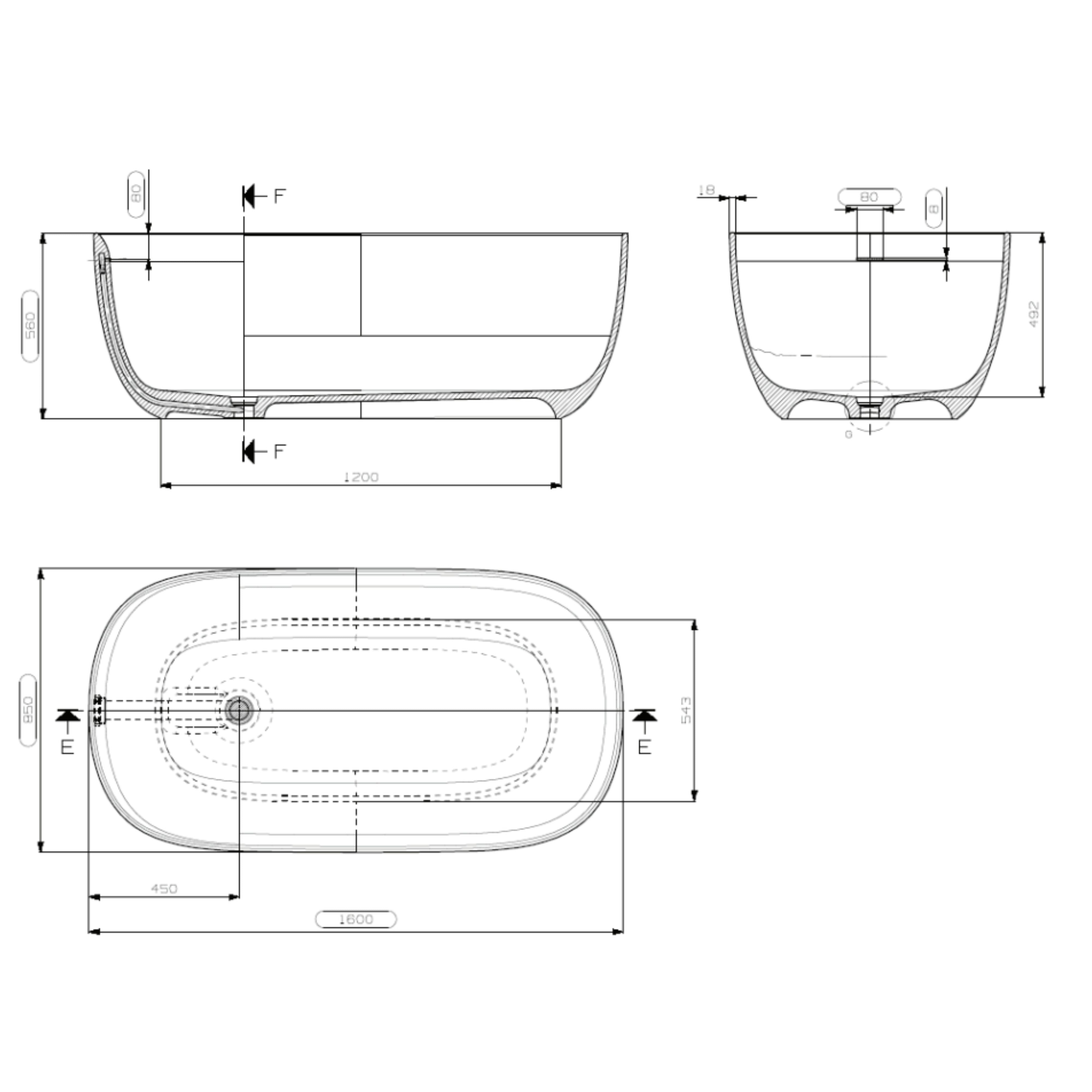 DOMUS LIVING FIUME FREESTANDING BATHTUB WITH OVERFLOW MATTE WHITE 1600MM