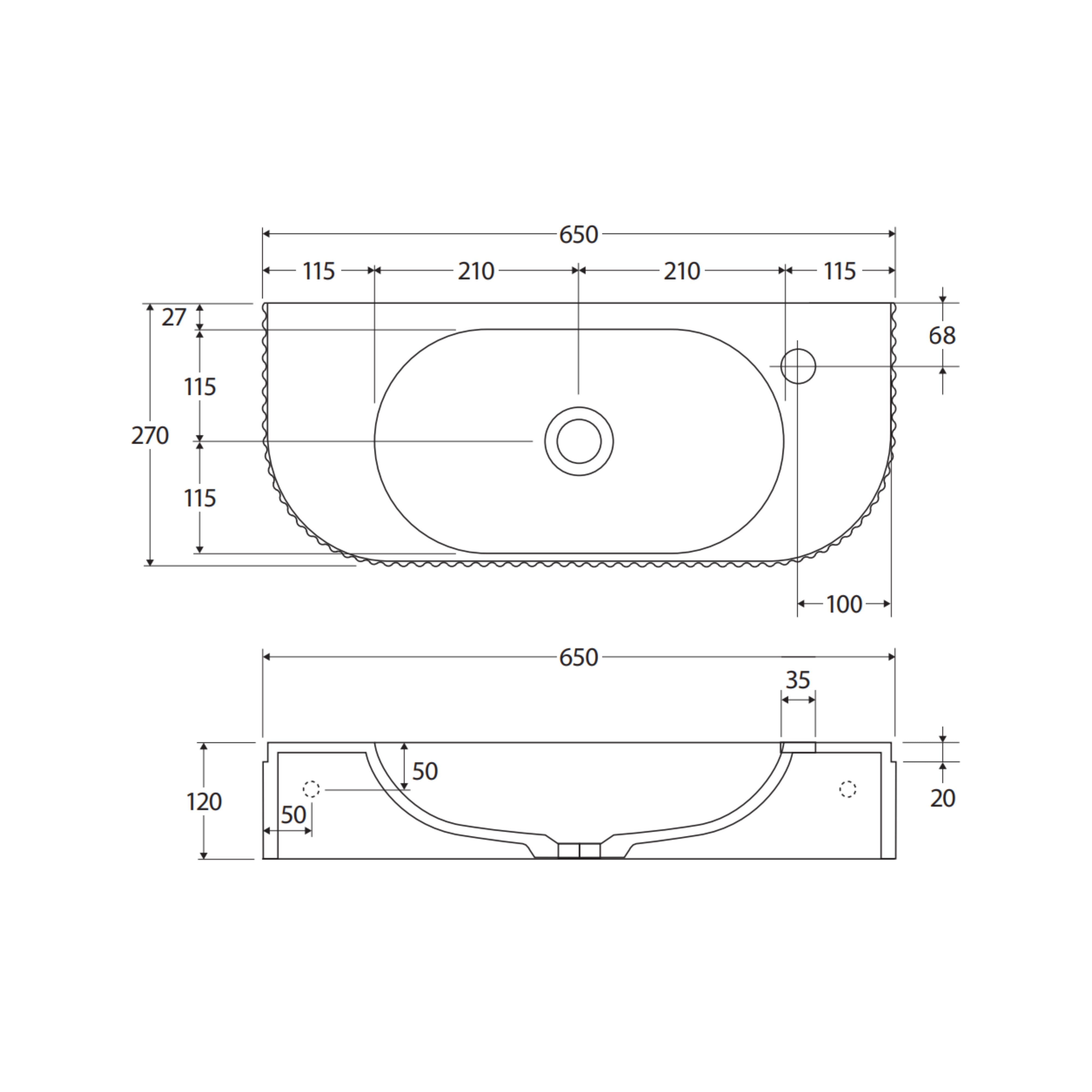 FIENZA MINKA SOLID SURFACE WALL HUNG BASIN MATTE WHITE 650MM