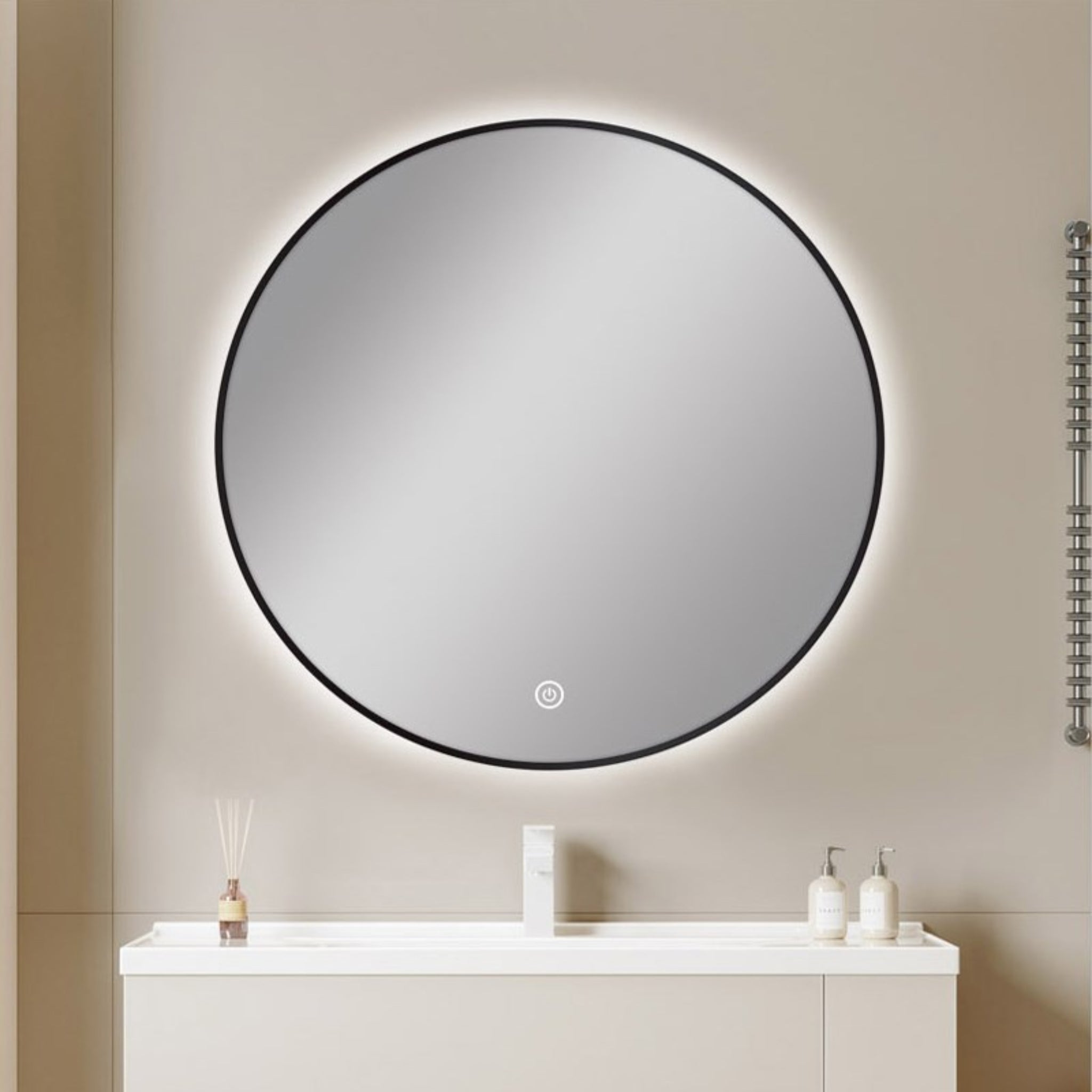 AQUAPERLA ROUND FRAMED BACK-LIT LED MIRROR BLACK 750MM