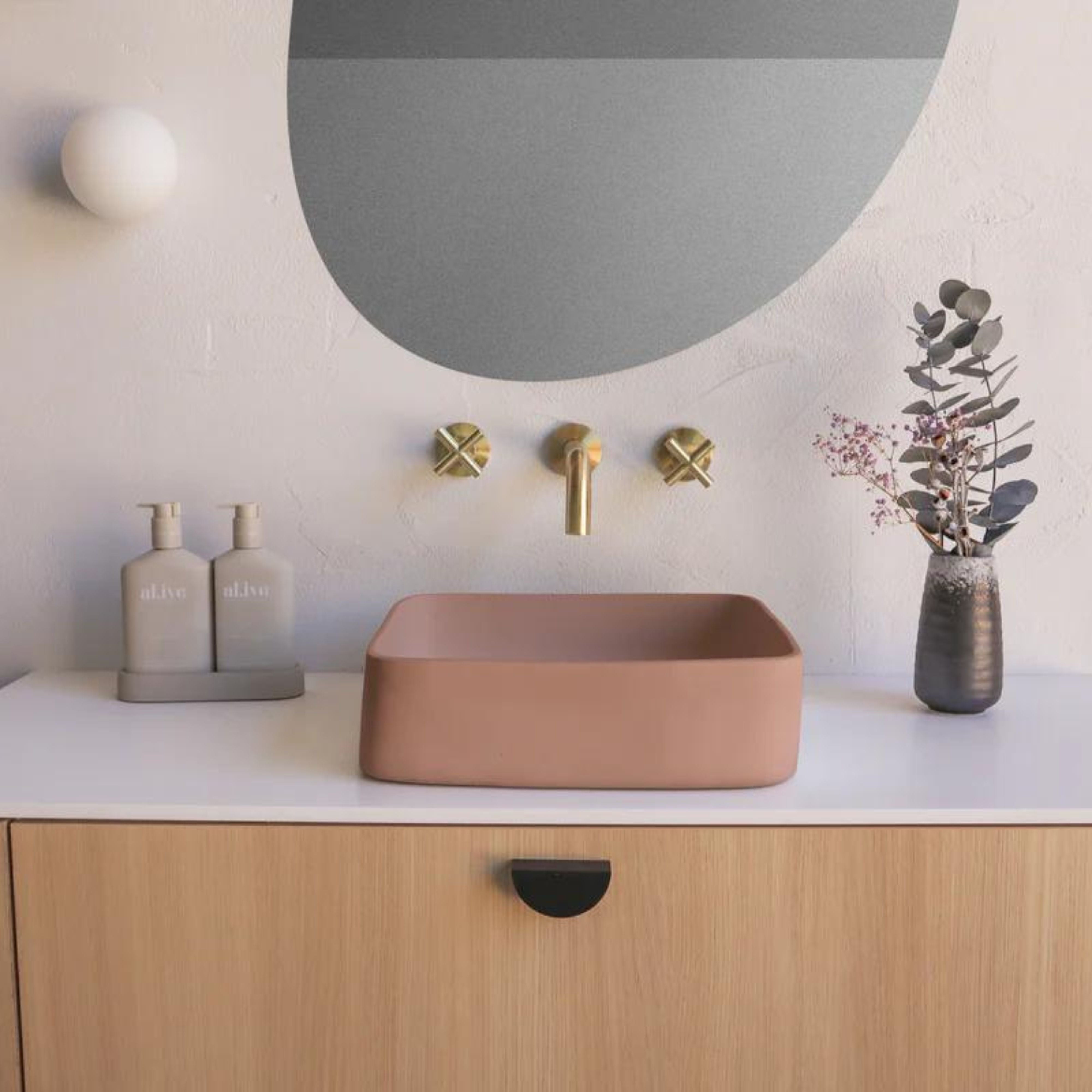 NOOD CO CONSCIOUS RANGE CAST ABOVE COUNTER / WALL HUNG BASIN BLUSH PINK 380MM