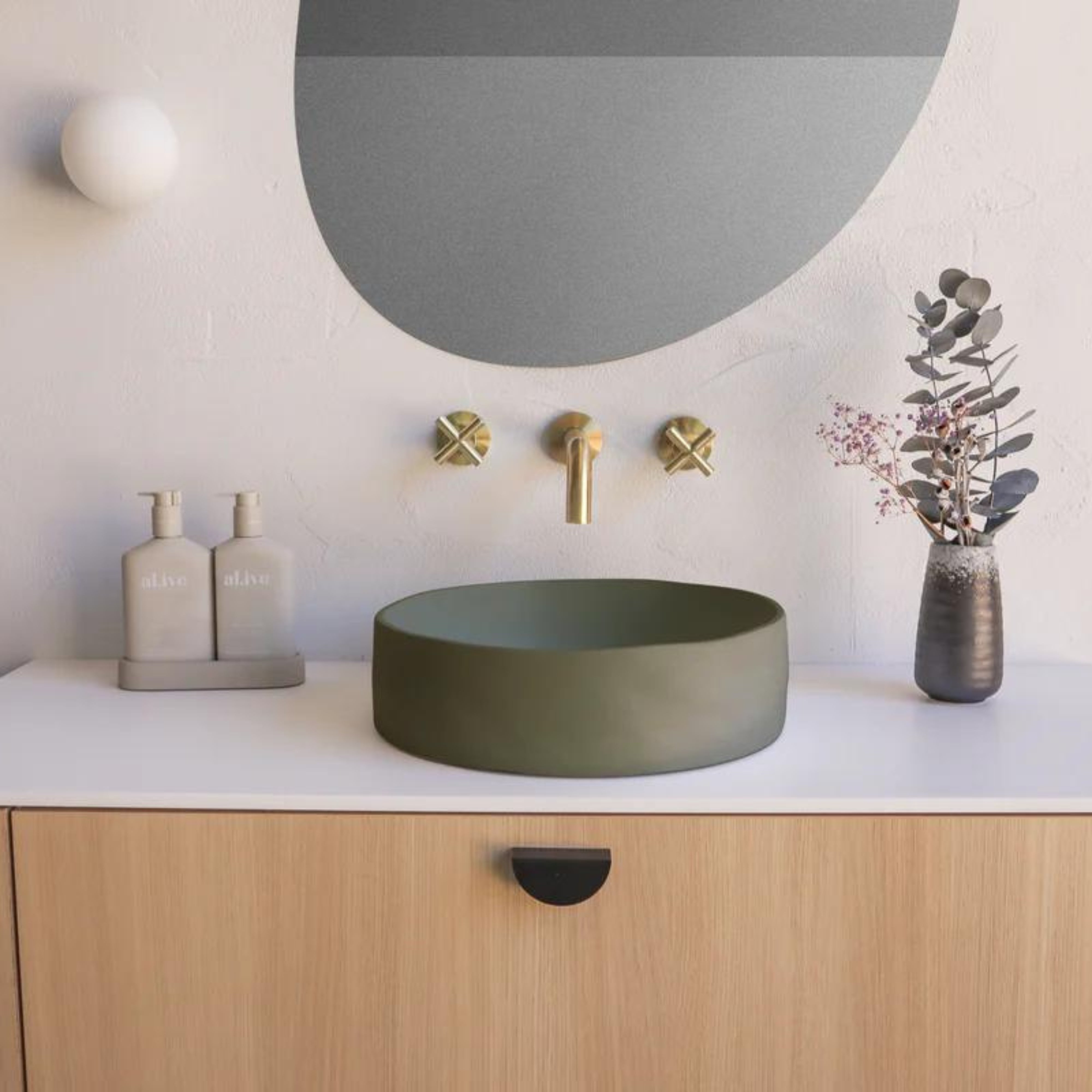 NOOD CO CONSCIOUS RANGE SLIP ABOVE COUNTER / WALL HUNG BASIN OLIVE 380MM