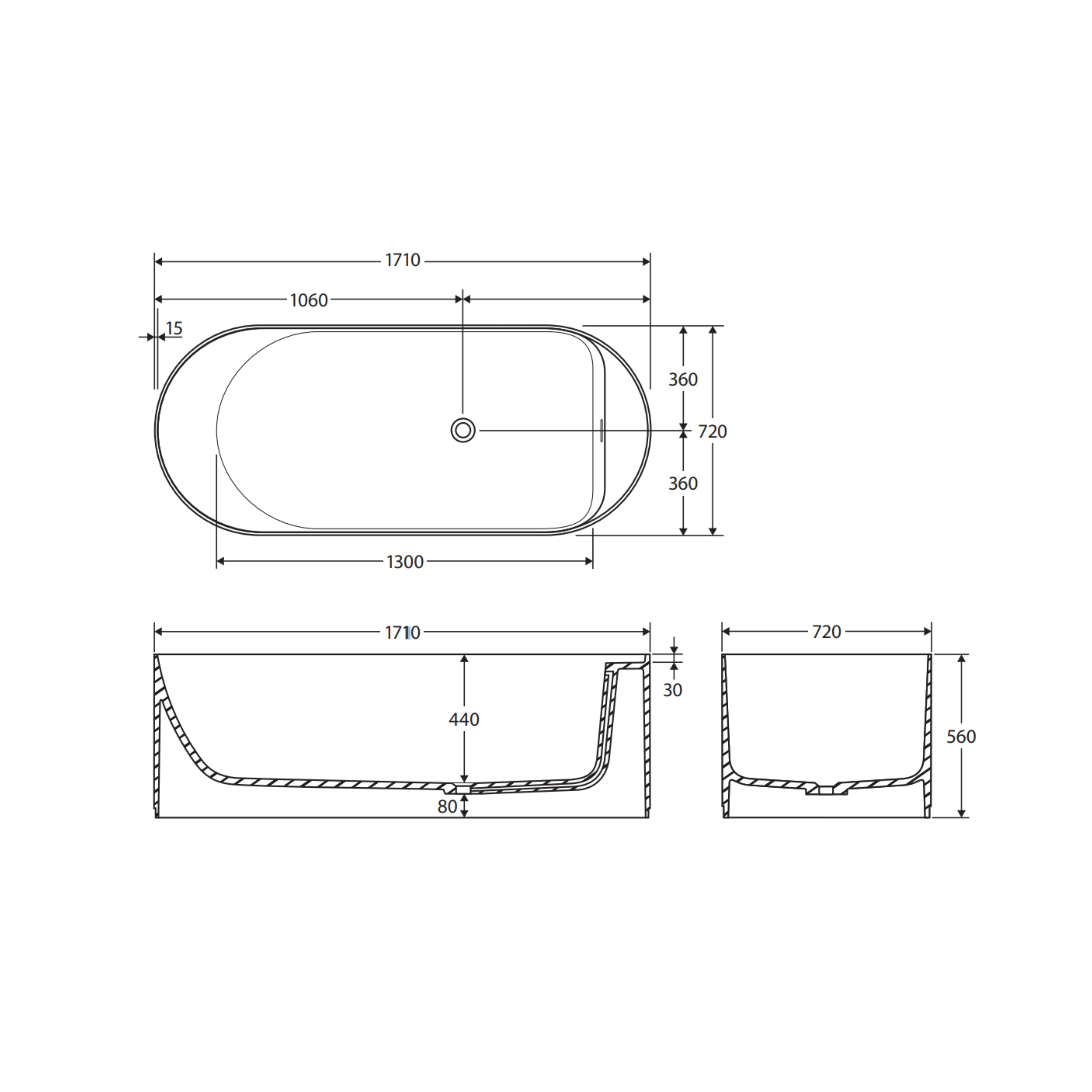 FIENZA MINKA SOLID SURFACE FREESTANDING BATHTUB MATTE WHITE 1710MM