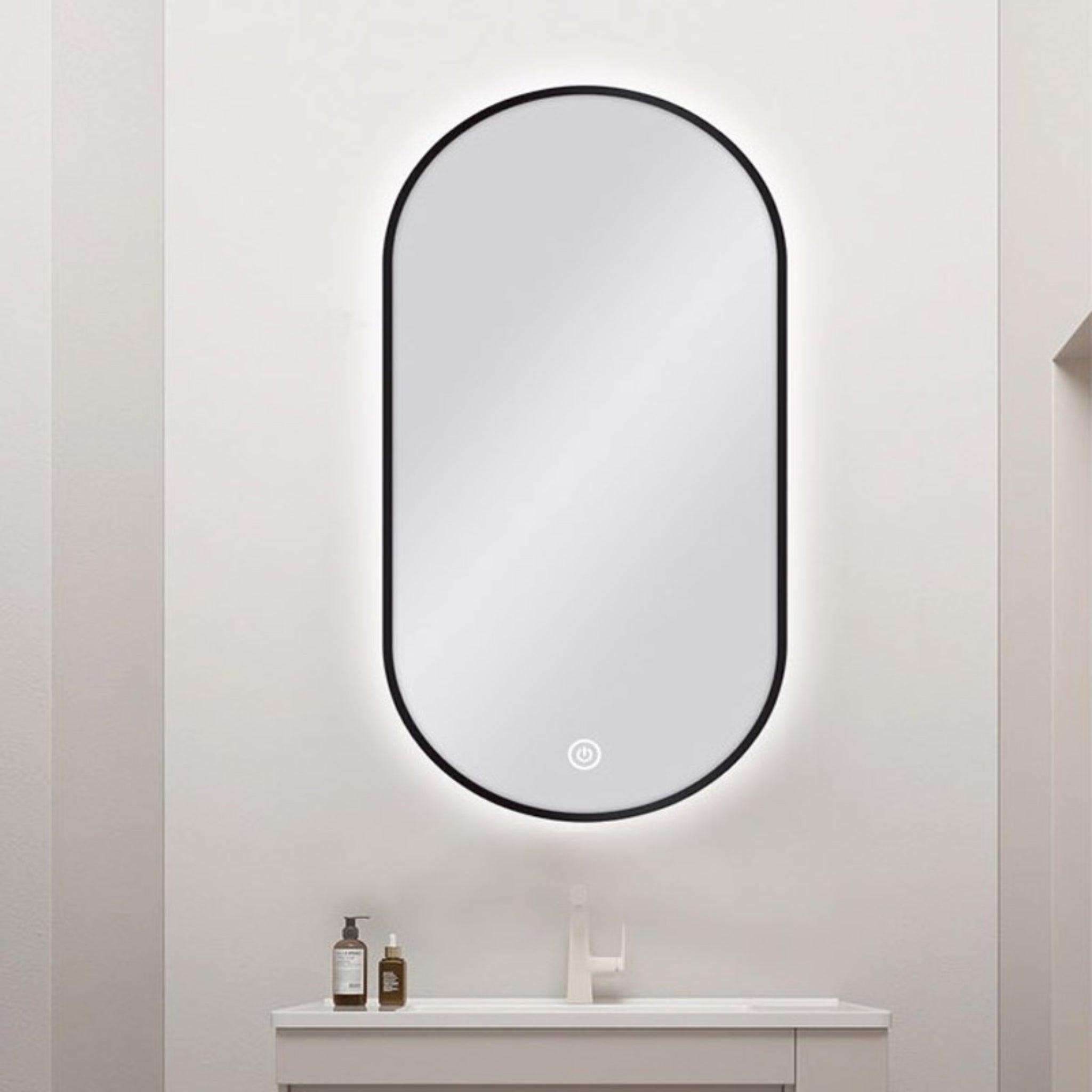 AQUAPERLA PILL SHAPE FRAMED LED MIRROR BLACK 450X900MM