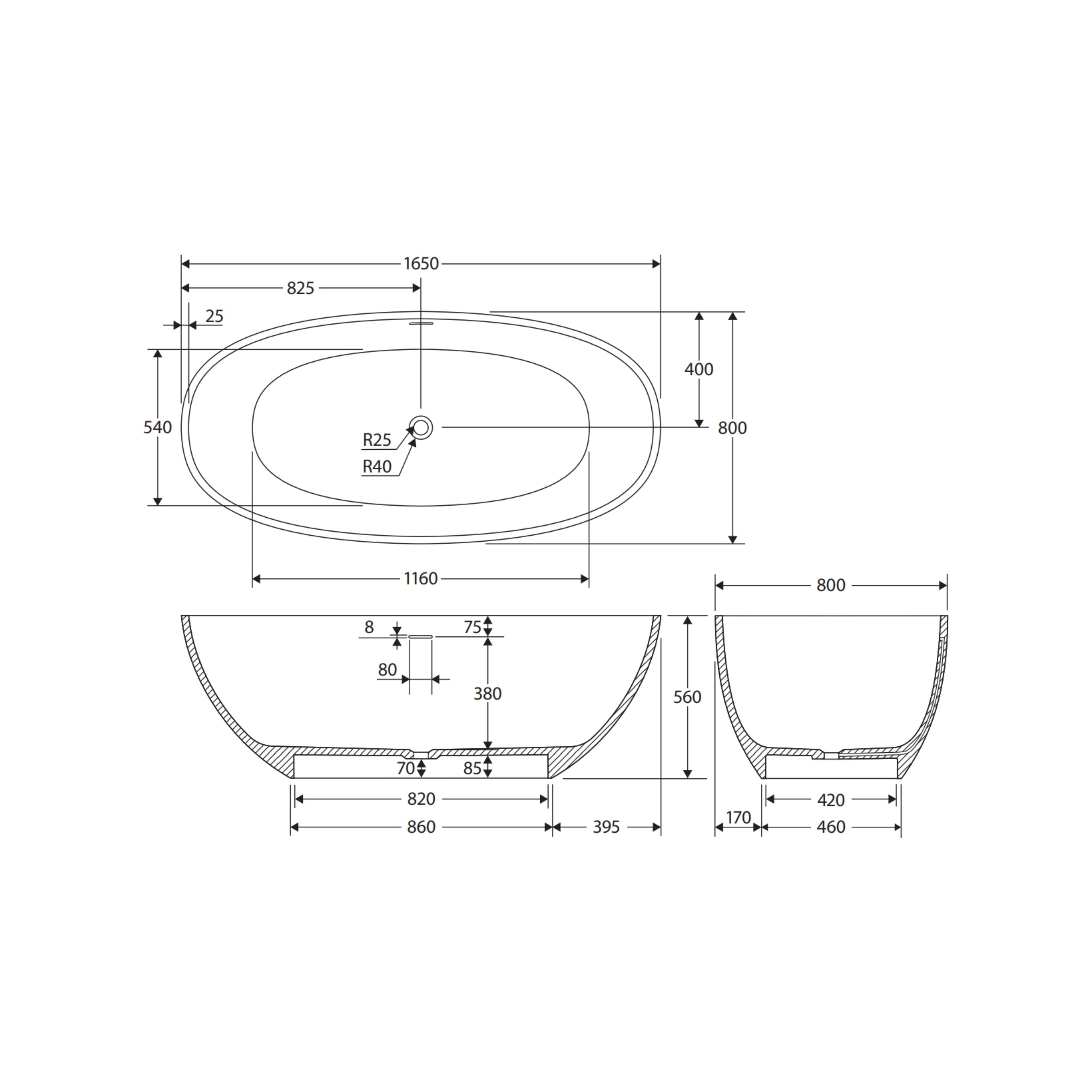 FIENZA SASSO SOLID SURFACE FREESTANDING BATHTUB MATTE WHITE (AVAILABLE IN 1550MM AND 1650MM)