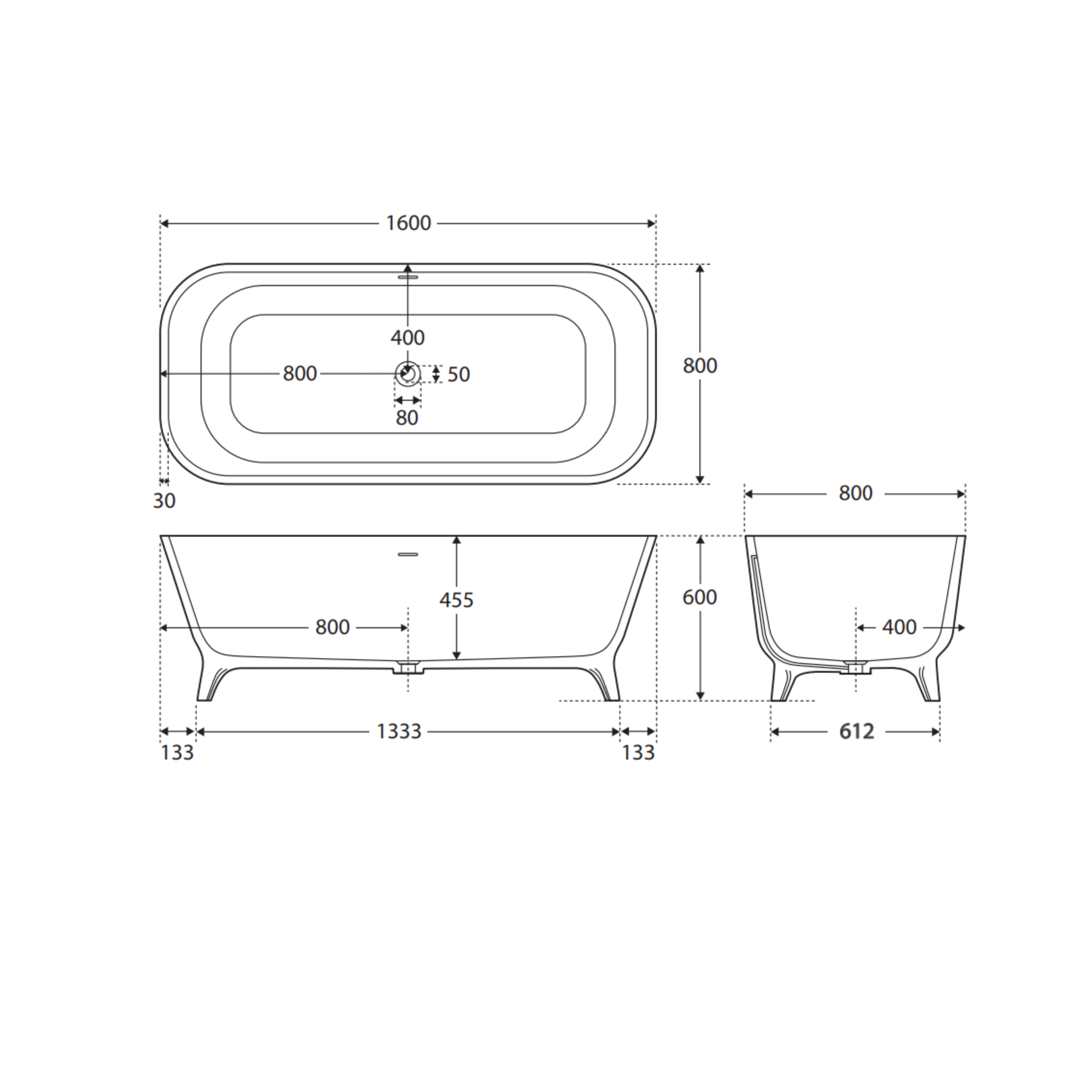 FIENZA HAMPTON SOLID SURFACE FREESTANDING BATHTUB MATTE WHITE 1600MM