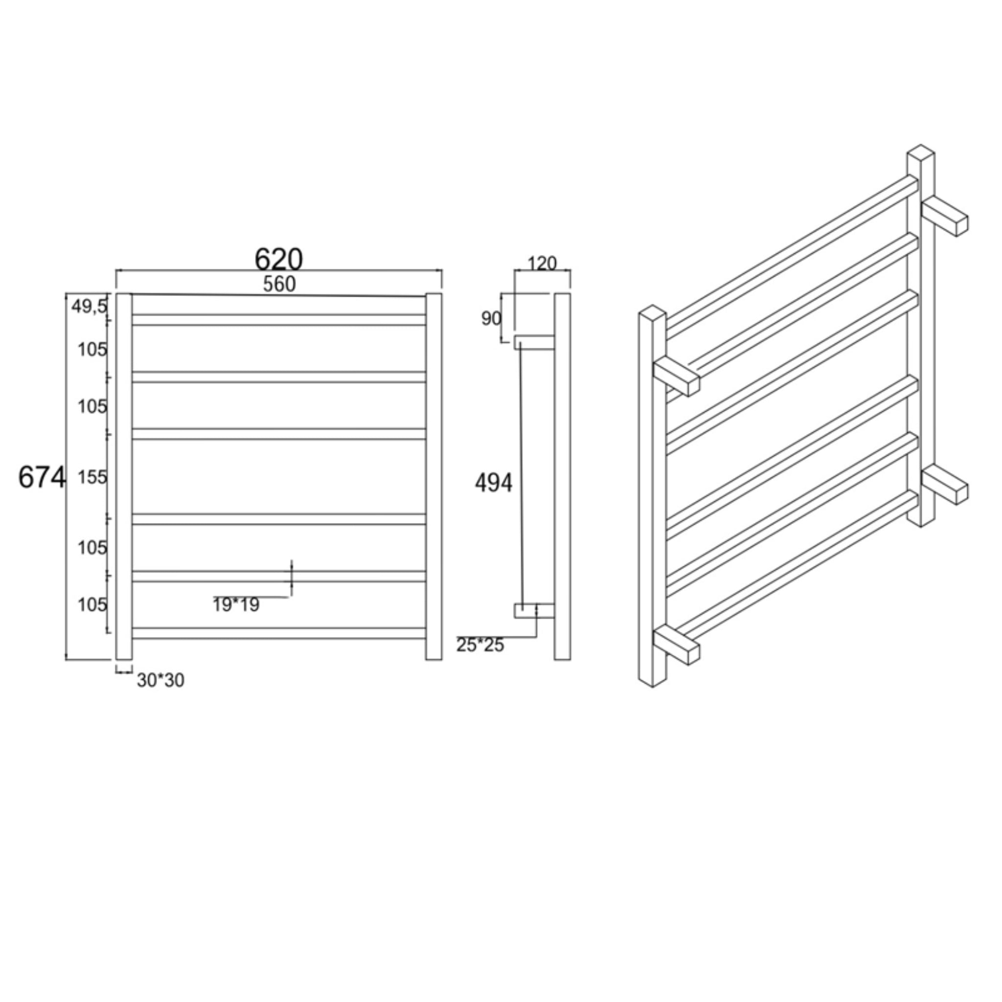 AQUAPERLA 6-BAR HEATED TOWEL RAIL BLACK 674MM