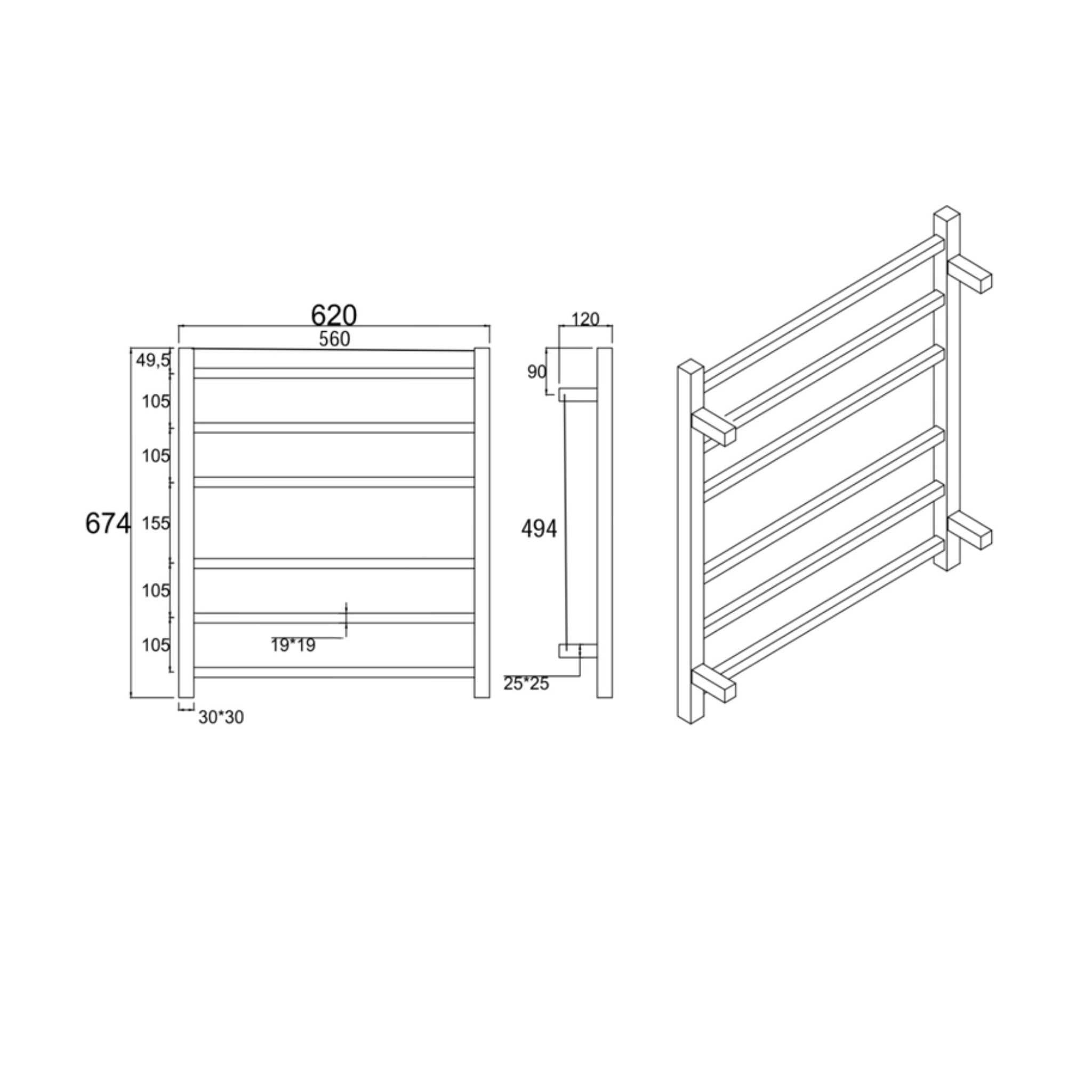 AQUAPERLA 6-BAR HEATED TOWEL RAIL BRUSHED BRASS 674MM